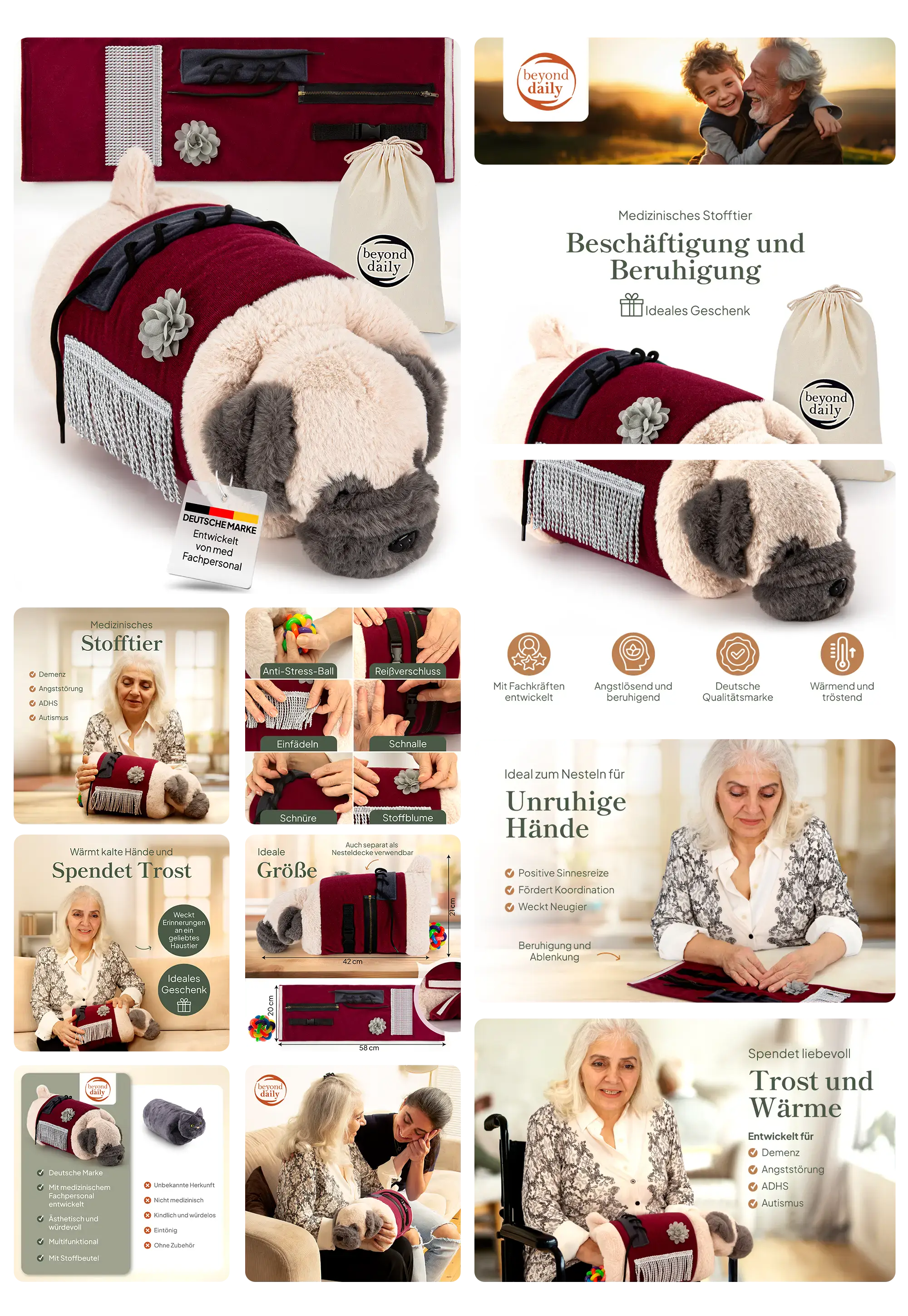 Therapeutisches Demenz-Stofftier in Hundform, creme-farben mit bordeaux-roter Weste, entwickelt zur Beruhigung und sensorischen Stimulation bei Demenz, Angst und Autismus.