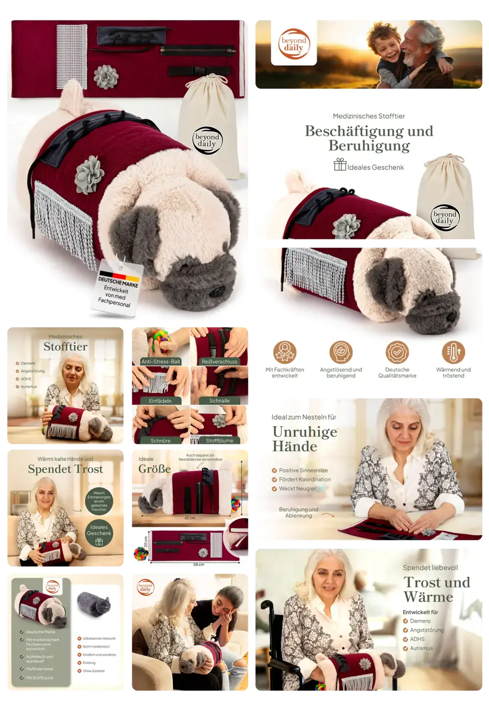 Therapeutisches Demenz-Stofftier in Hundform, creme-farben mit bordeaux-roter Weste, entwickelt zur Beruhigung und sensorischen Stimulation bei Demenz, Angst und Autismus.