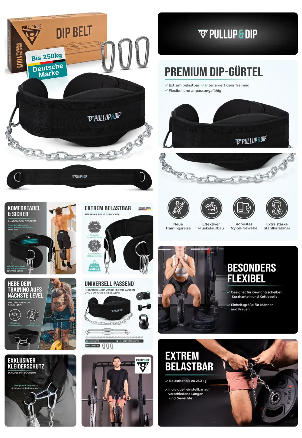 Schwarzer Pullup & Dip Gürtel aus robustem Nylon mit langer Kette und Karabinerhaken, anatomisch geformt, bis 250 kg belastbar, ideal für Gewichtstraining und Muskelaufbau im Fitness.