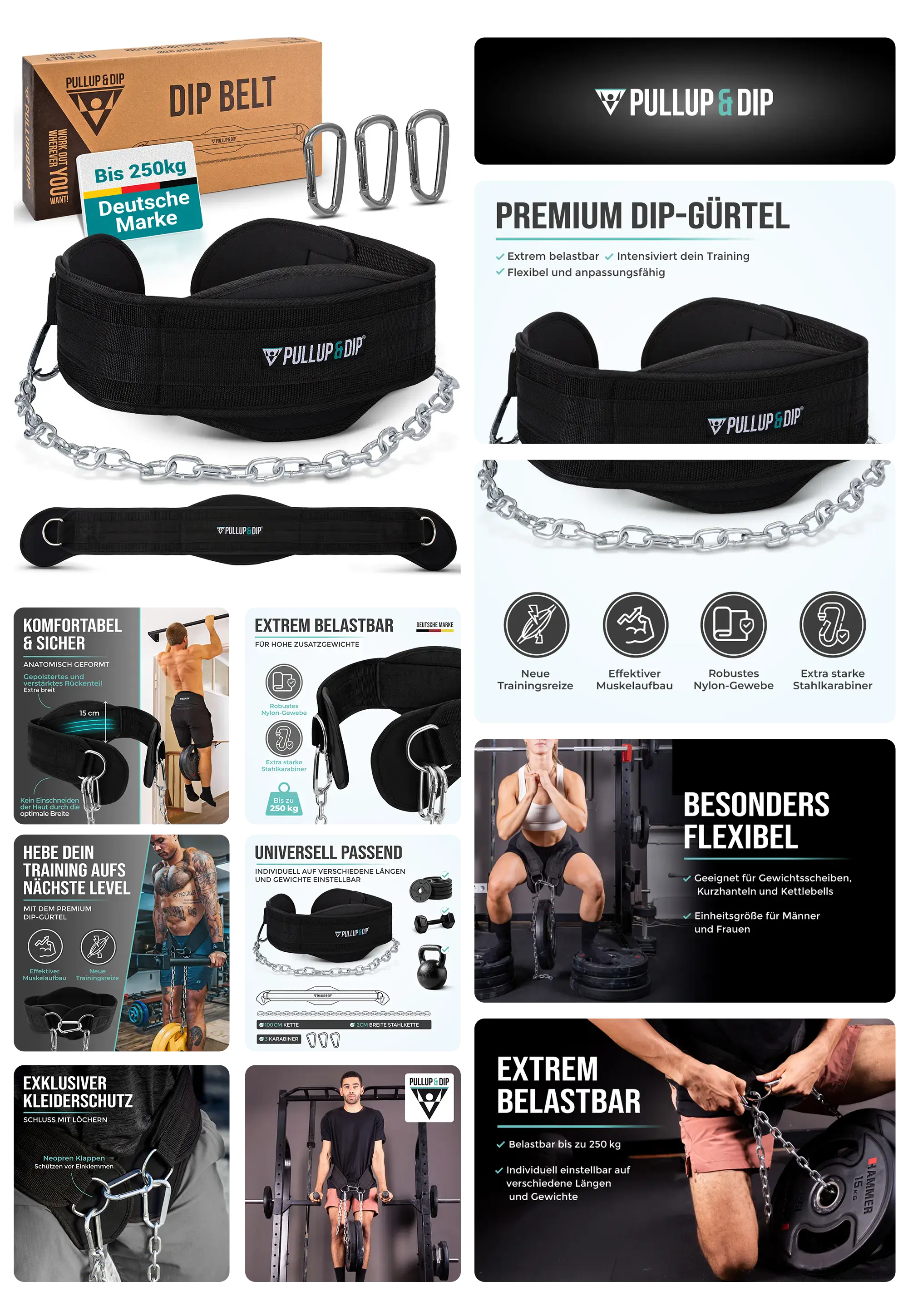 Schwarzer Pullup & Dip Gürtel aus robustem Nylon mit langer Kette und Karabinerhaken, anatomisch geformt, bis 250 kg belastbar, ideal für Gewichtstraining und Muskelaufbau im Fitness.