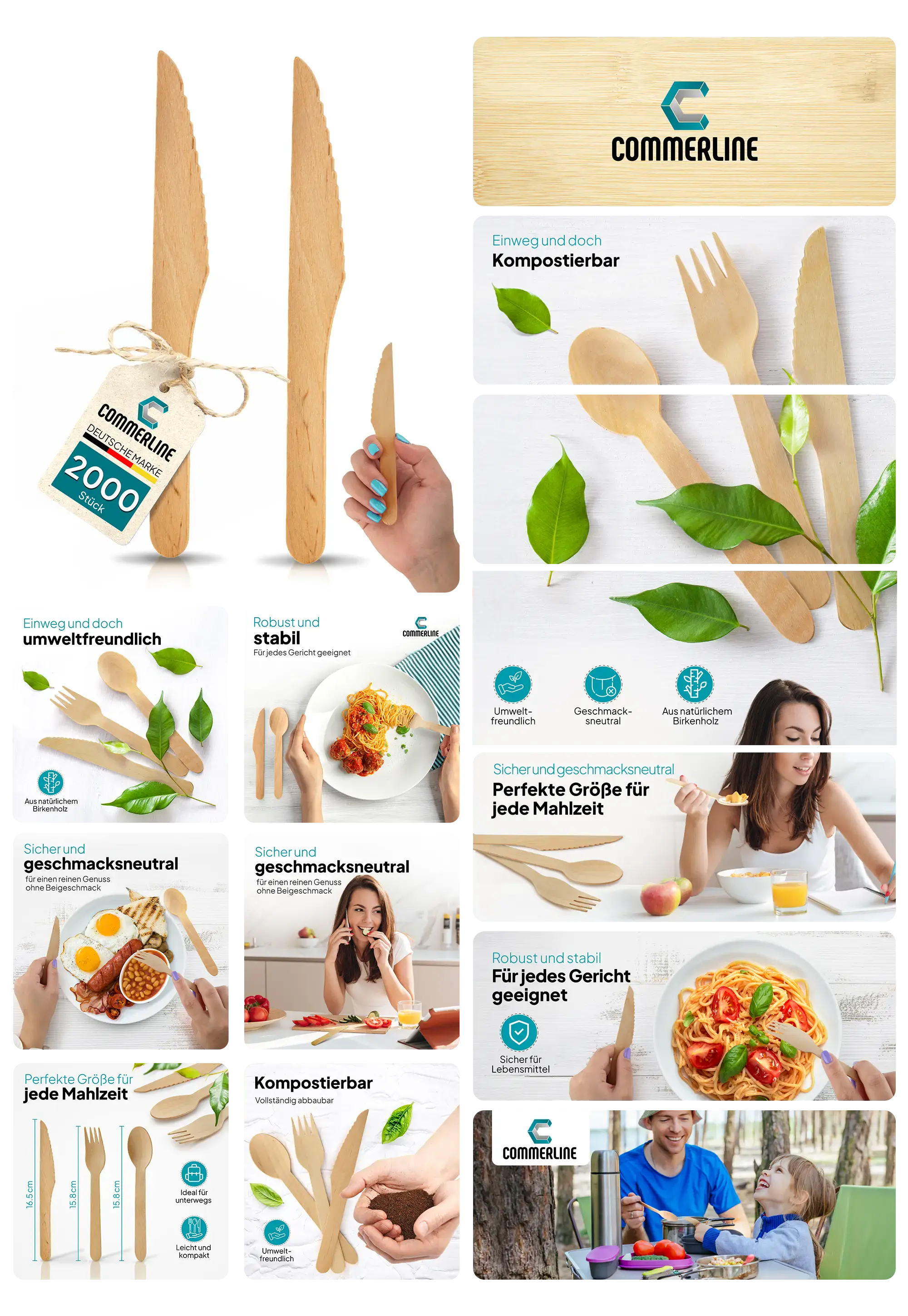 Set aus umweltfreundlichen, kompostierbaren Einwegmessern aus hellem Birkenholz von Commerline, geeignet für Partys, Picknicks und umweltbewussten Genuss.