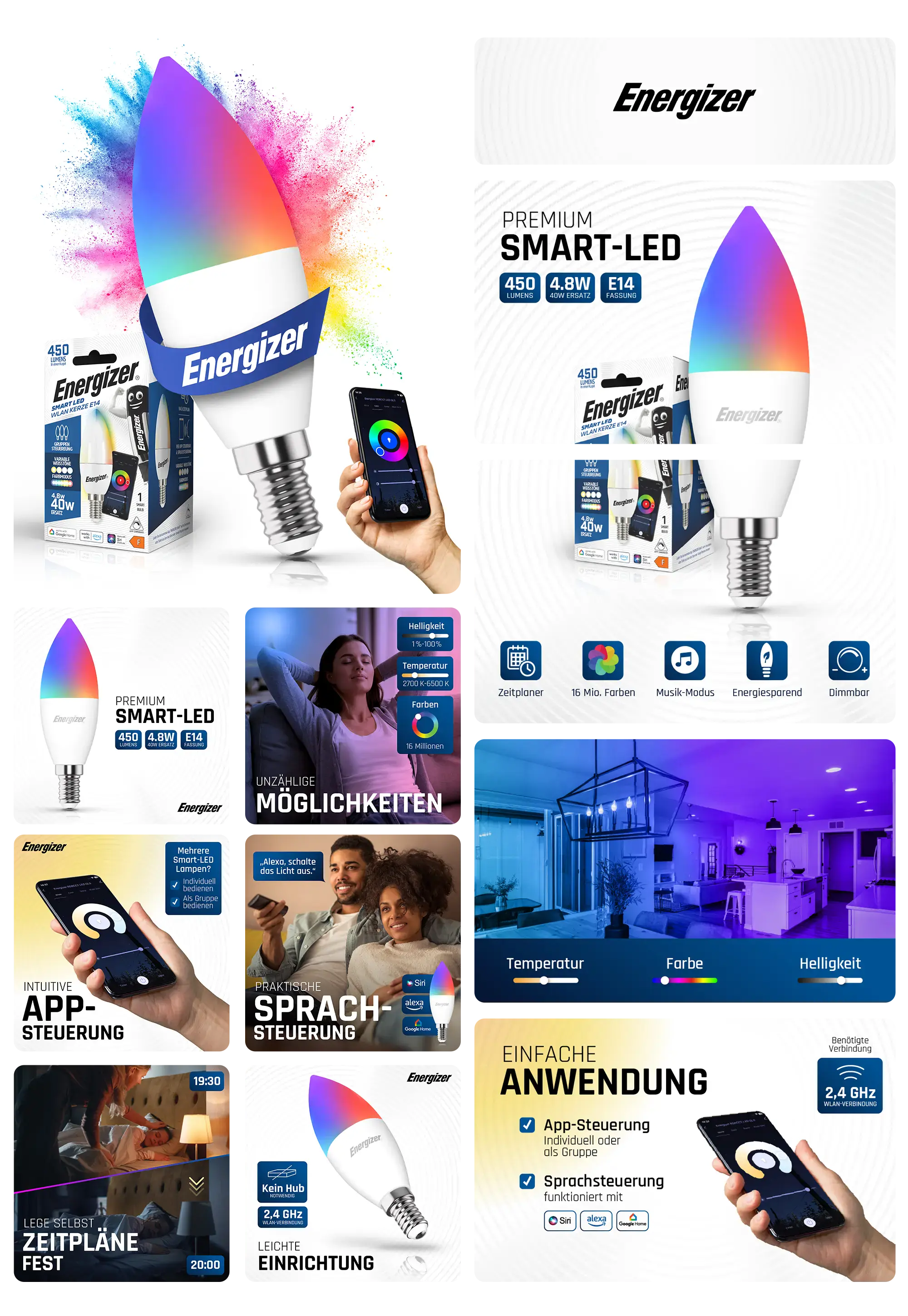 Farbwechselnde Energizer Premium Smart-LED Lampe (E14, 4.8W, 450 Lumen) mit App- und Sprachsteuerung, dimmbar, energieeffizient und kompatibel für Smart Home Systeme.