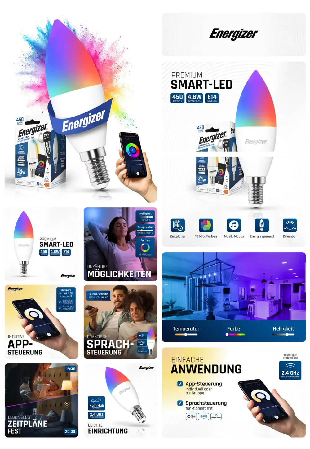 Farbwechselnde Energizer Premium Smart-LED Lampe (E14, 4.8W, 450 Lumen) mit App- und Sprachsteuerung, dimmbar, energieeffizient und kompatibel für Smart Home Systeme.