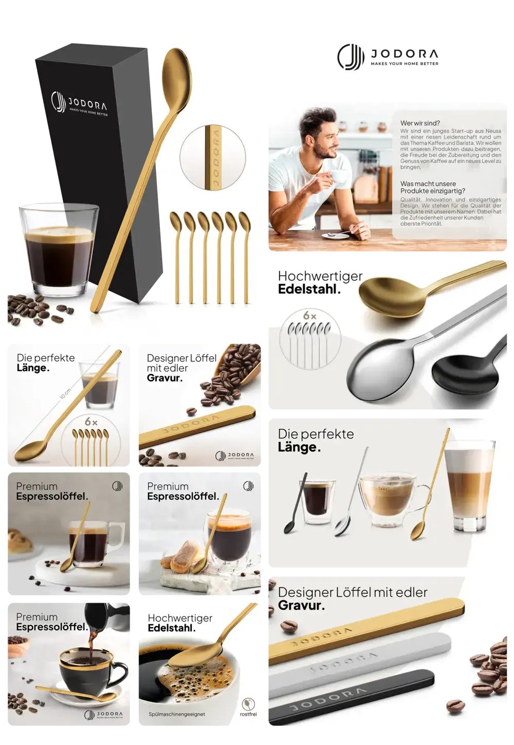 Set aus sechs hochwertigen JODORA Espressolöffeln aus goldfarbenem Edelstahl, mit eleganter Gravur, ideal für Espresso, Cappuccino und Latte Macchiato.