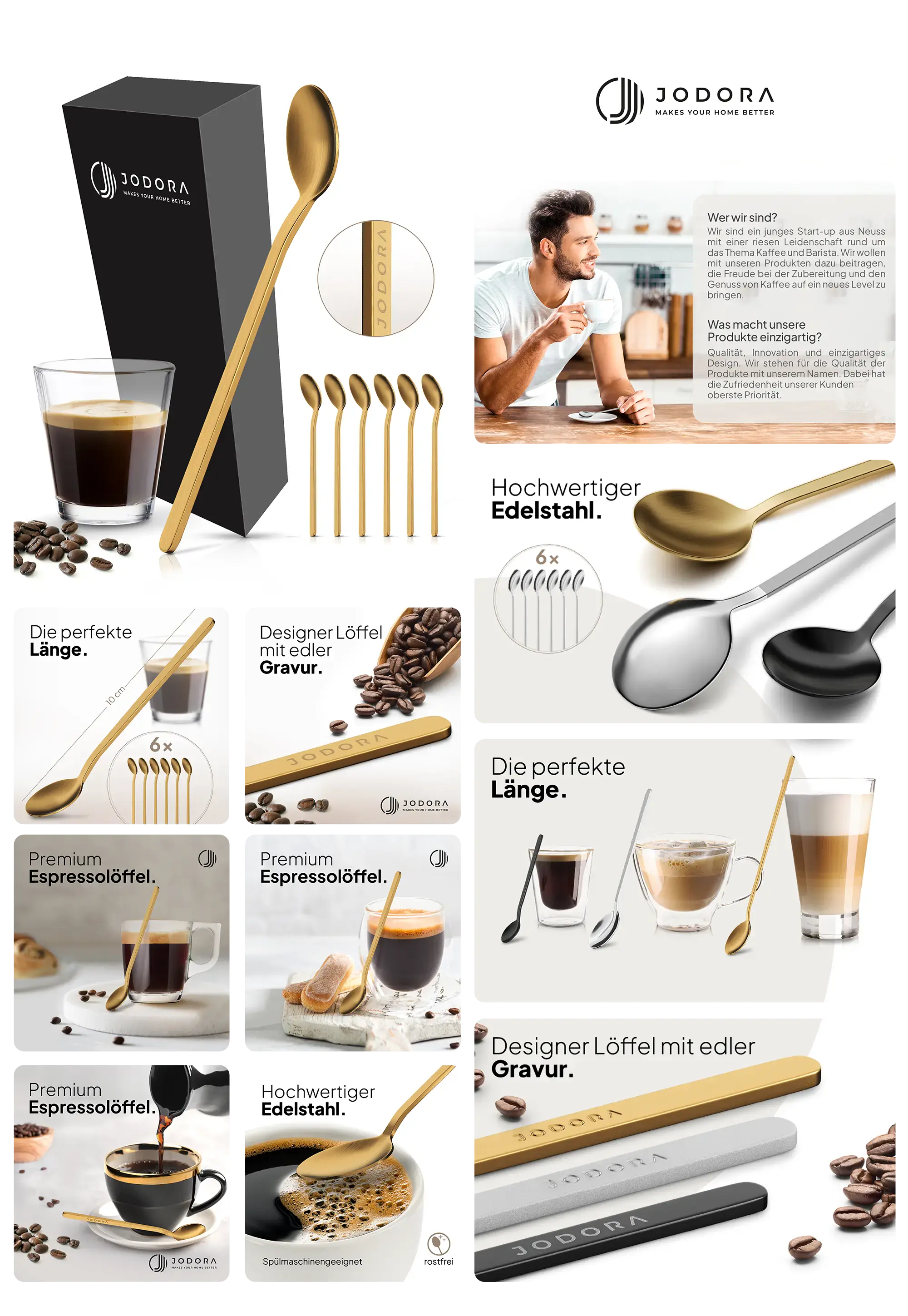 Set aus sechs hochwertigen JODORA Espressolöffeln aus goldfarbenem Edelstahl, mit eleganter Gravur, ideal für Espresso, Cappuccino und Latte Macchiato.
