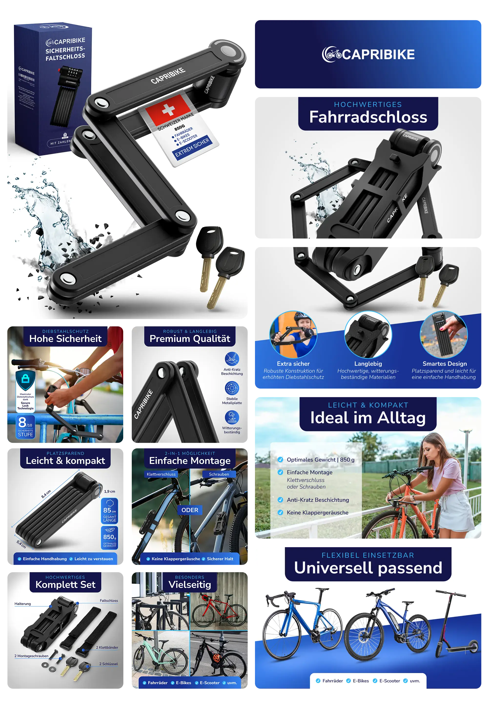 Schwarzes Capribike Faltschloss für Fahrräder, E-Bikes und E-Scooter, hochwertig, kompakt und hochsicher, mit zwei Schlüsseln und Halterung für einfachen Transport.