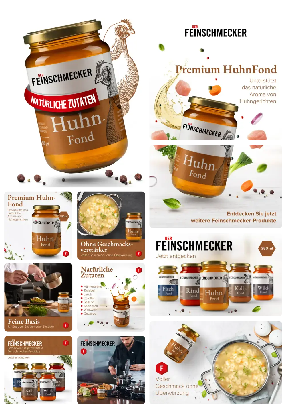 Glas Feinschmecker Premium Hühnerfond mit natürlichen Zutaten, ideal als Suppenbasis und Geschmacksverstärker für Hühnergerichte, präsentiert mit frischen Zutaten und Suppen.