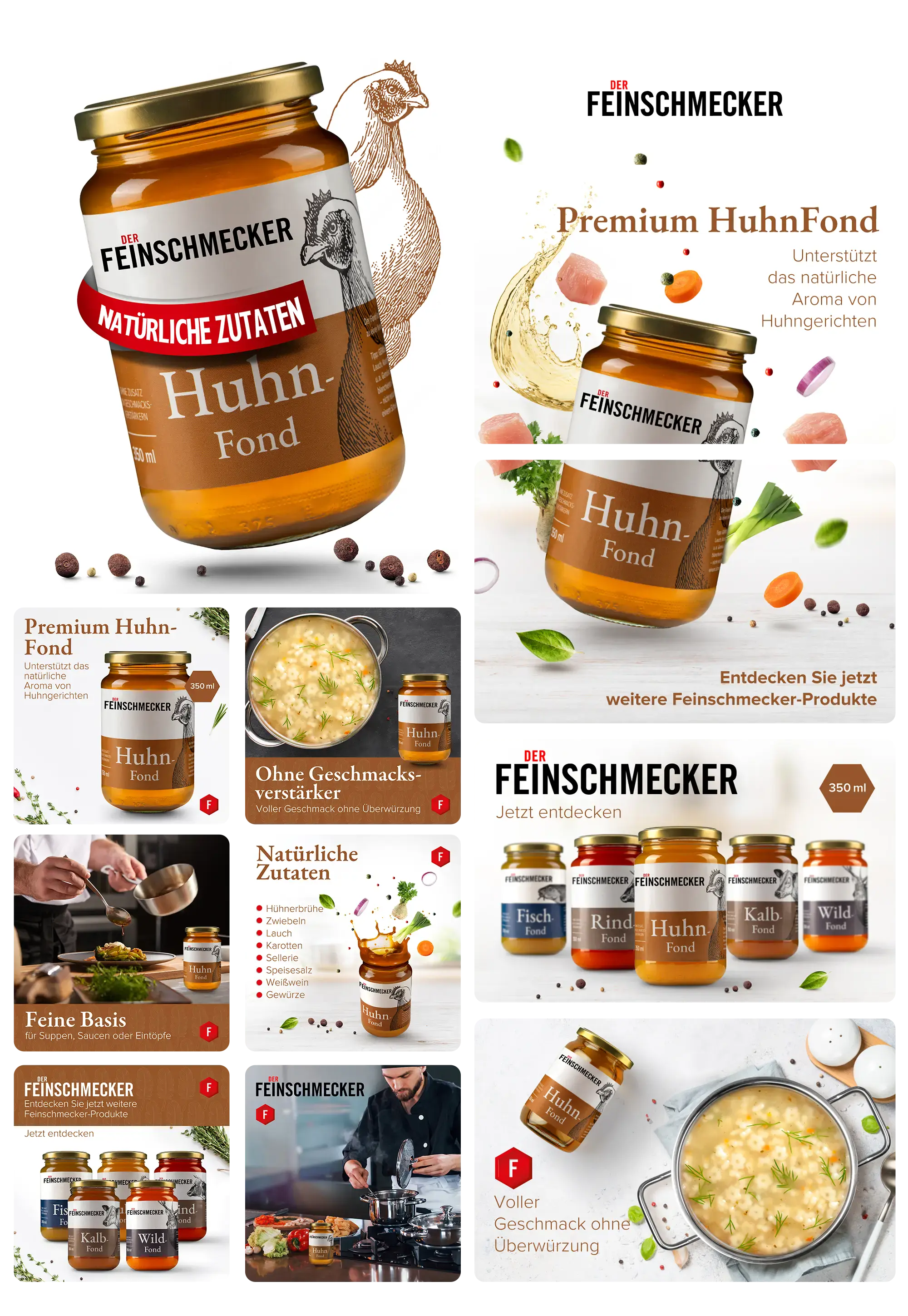 Glas Feinschmecker Premium Hühnerfond mit natürlichen Zutaten, ideal als Suppenbasis und Geschmacksverstärker für Hühnergerichte, präsentiert mit frischen Zutaten und Suppen.