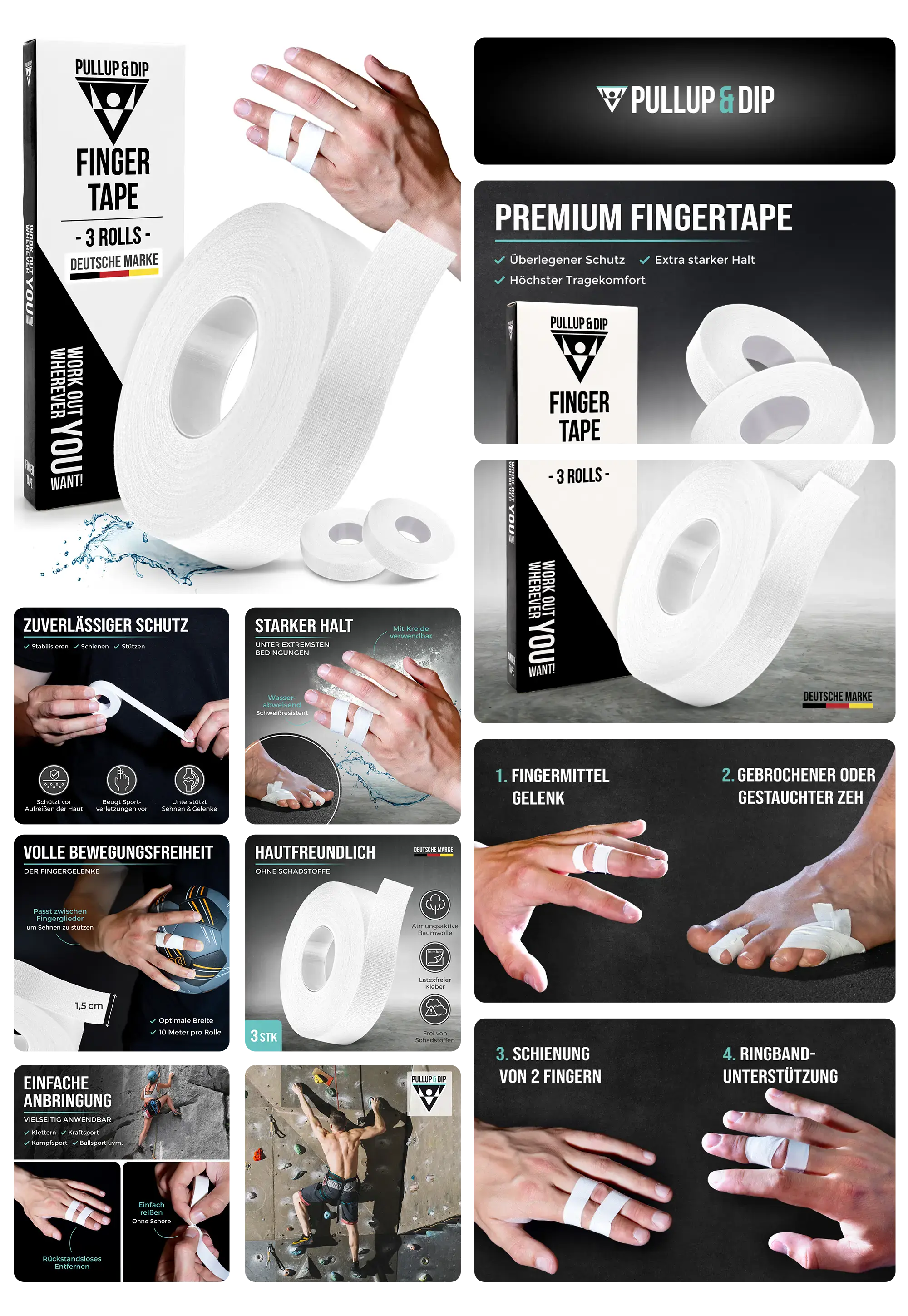 Drei Rollen weißes Pullup & Dip Premium Fingertape für zuverlässigen Schutz, starken Halt und Bewegungsfreiheit bei Sportarten wie Klettern und Gewichtheben.
