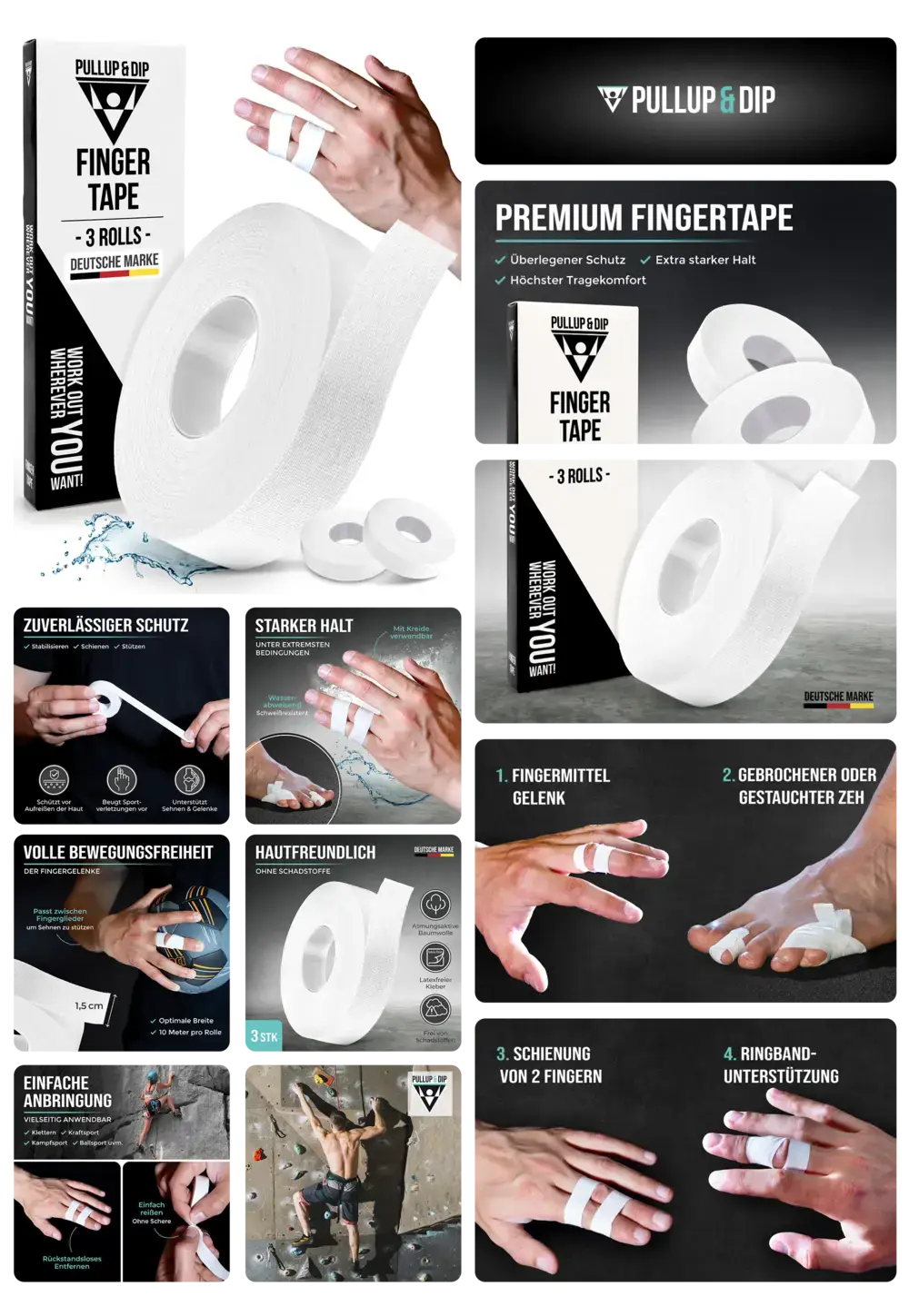 Drei Rollen weißes Pullup & Dip Premium Fingertape für zuverlässigen Schutz, starken Halt und Bewegungsfreiheit bei Sportarten wie Klettern und Gewichtheben.