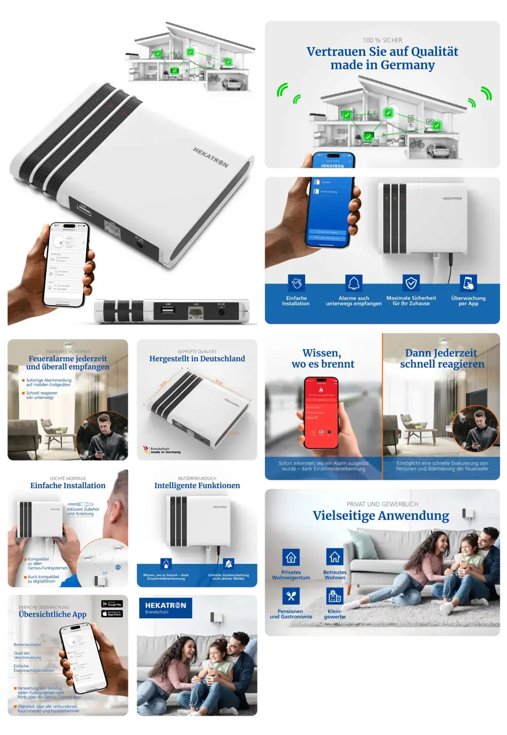 Weißes Hekatron Funkgateway für Smart Home Sicherheit, Alarmmanagement und Überwachung, mit App-Steuerung, ideal zur Vernetzung von Rauchmeldern und anderen Smart Home Geräten.