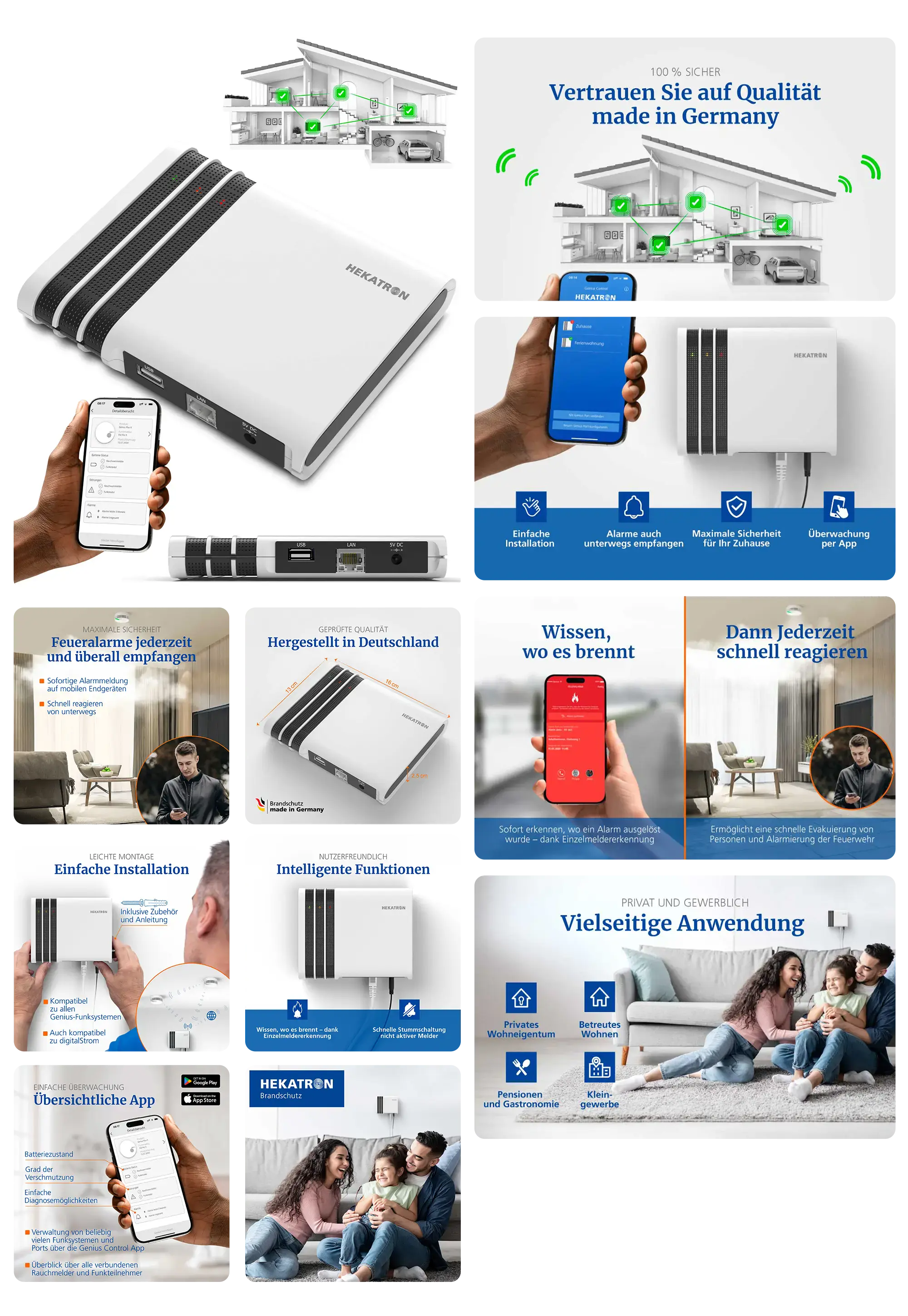 Weißes Hekatron Funkgateway für Smart Home Sicherheit, Alarmmanagement und Überwachung, mit App-Steuerung, ideal zur Vernetzung von Rauchmeldern und anderen Smart Home Geräten.