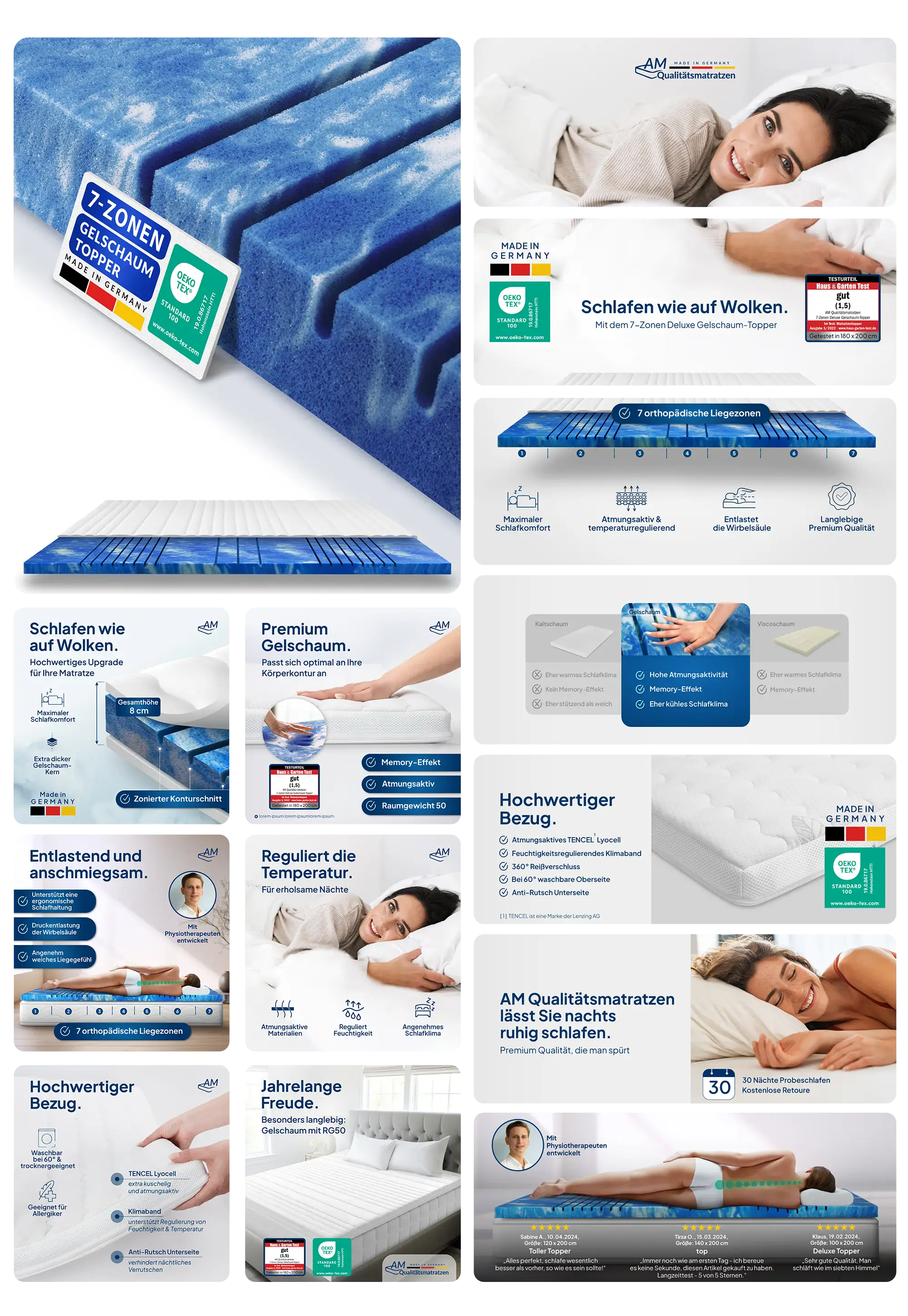 Blauer Gelschaum Topper von AM Quality Matratzen, 7-Zonen-Liegezonen, druckentlastend, atmungsaktiv, temperaturregulierend, mit Memory-Effekt für optimalen Schlafkomfort.