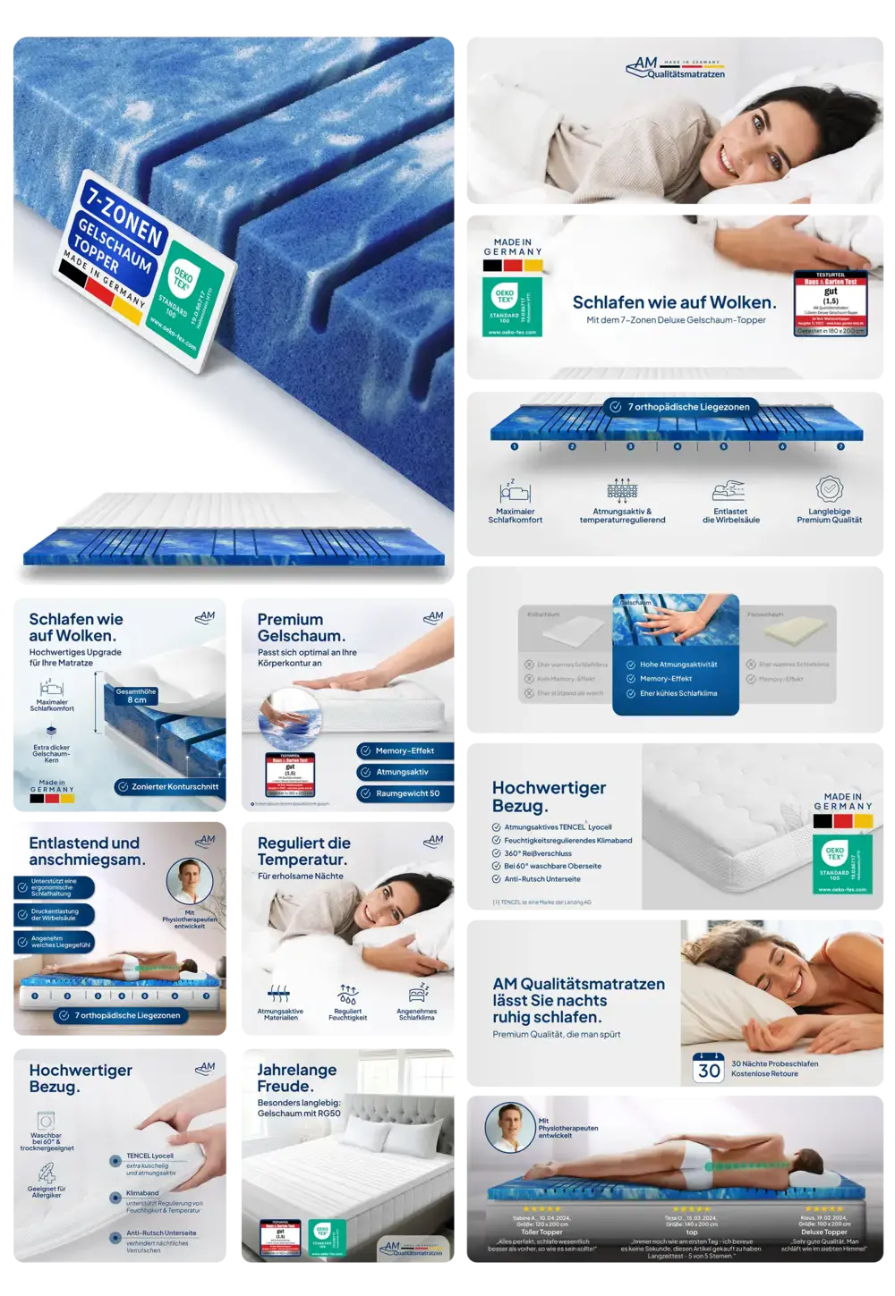Blauer Gelschaum Topper von AM Quality Matratzen, 7-Zonen-Liegezonen, druckentlastend, atmungsaktiv, temperaturregulierend, mit Memory-Effekt für optimalen Schlafkomfort.