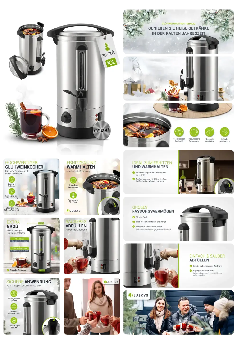 Großer, hochwertiger Juskys Glühweinkocher aus Edelstahl mit 10 Liter Fassungsvermögen und Zapfhahn, ideal zum Erhitzen und Warmhalten von Glühwein, Punsch und anderen Heißgetränken.