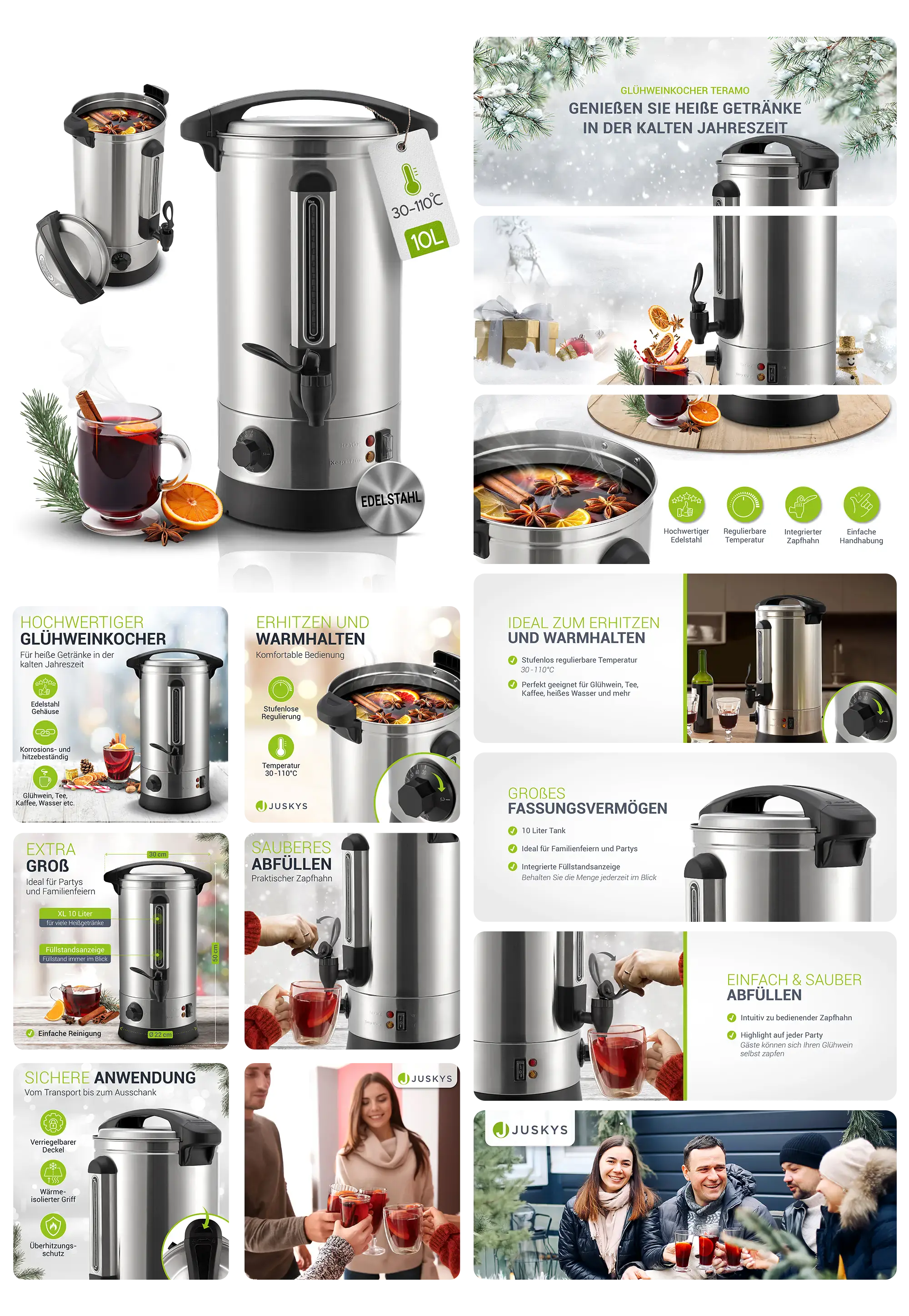 Großer, hochwertiger Juskys Glühweinkocher aus Edelstahl mit 10 Liter Fassungsvermögen und Zapfhahn, ideal zum Erhitzen und Warmhalten von Glühwein, Punsch und anderen Heißgetränken.