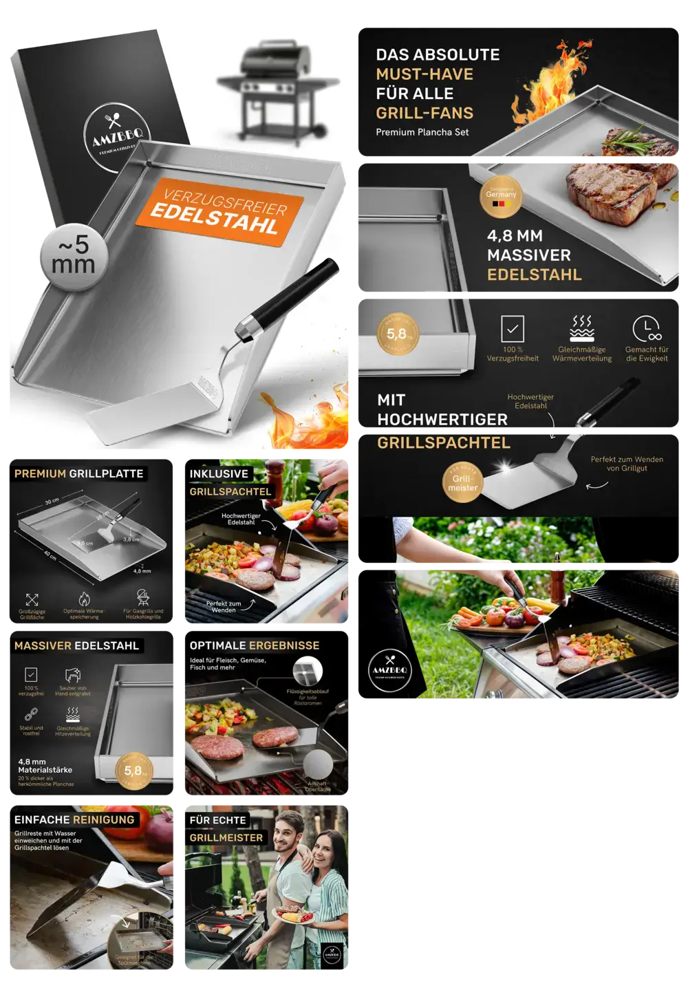 Massive Premium-Grillplatte aus 4,8 mm verzugsfreiem Edelstahl, inklusive Spatel, ideal für die Zubereitung von Fleisch, Gemüse und Meeresfrüchten auf jedem Grill.