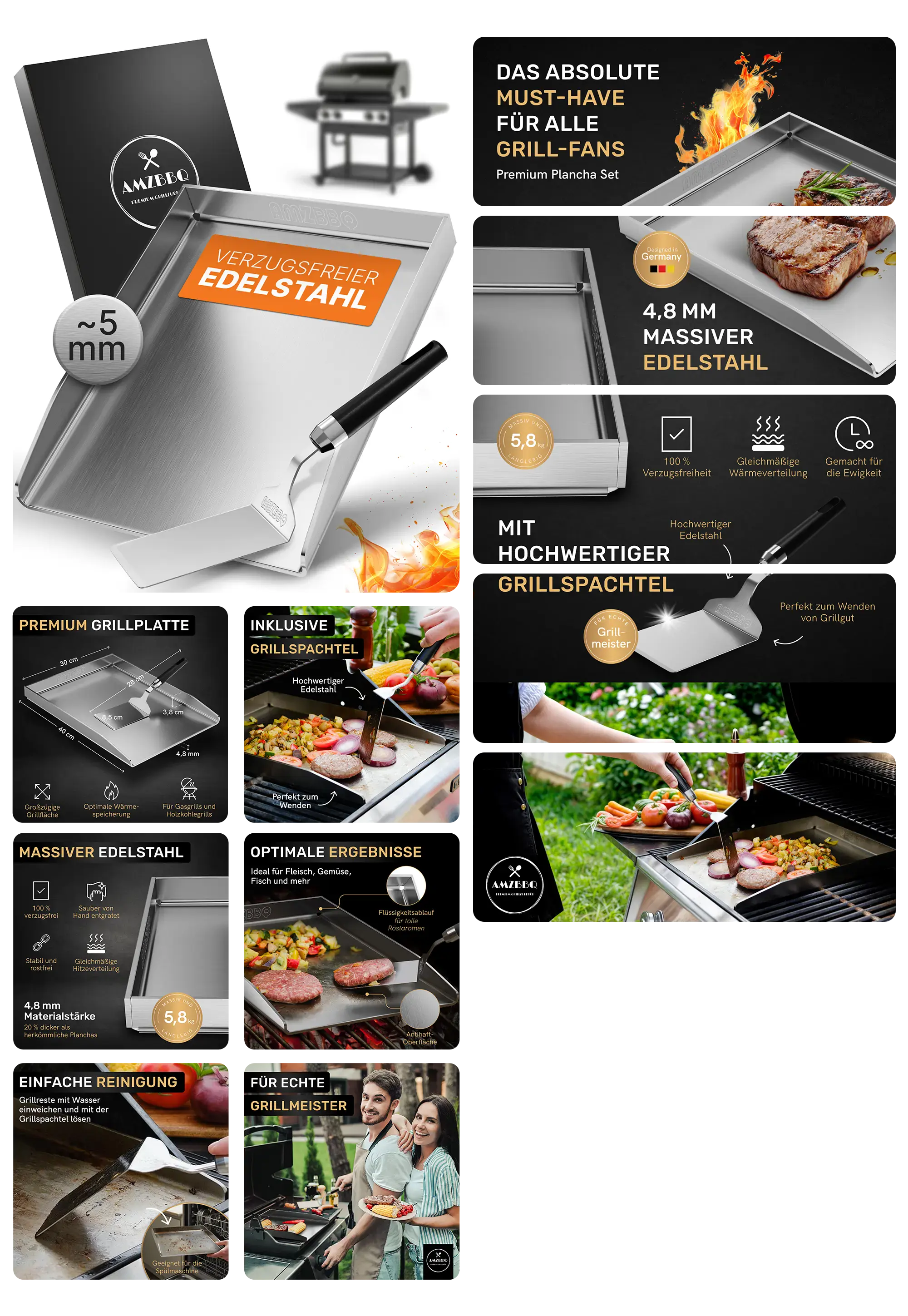 Massive Premium-Grillplatte aus 4,8 mm verzugsfreiem Edelstahl, inklusive Spatel, ideal für die Zubereitung von Fleisch, Gemüse und Meeresfrüchten auf jedem Grill.