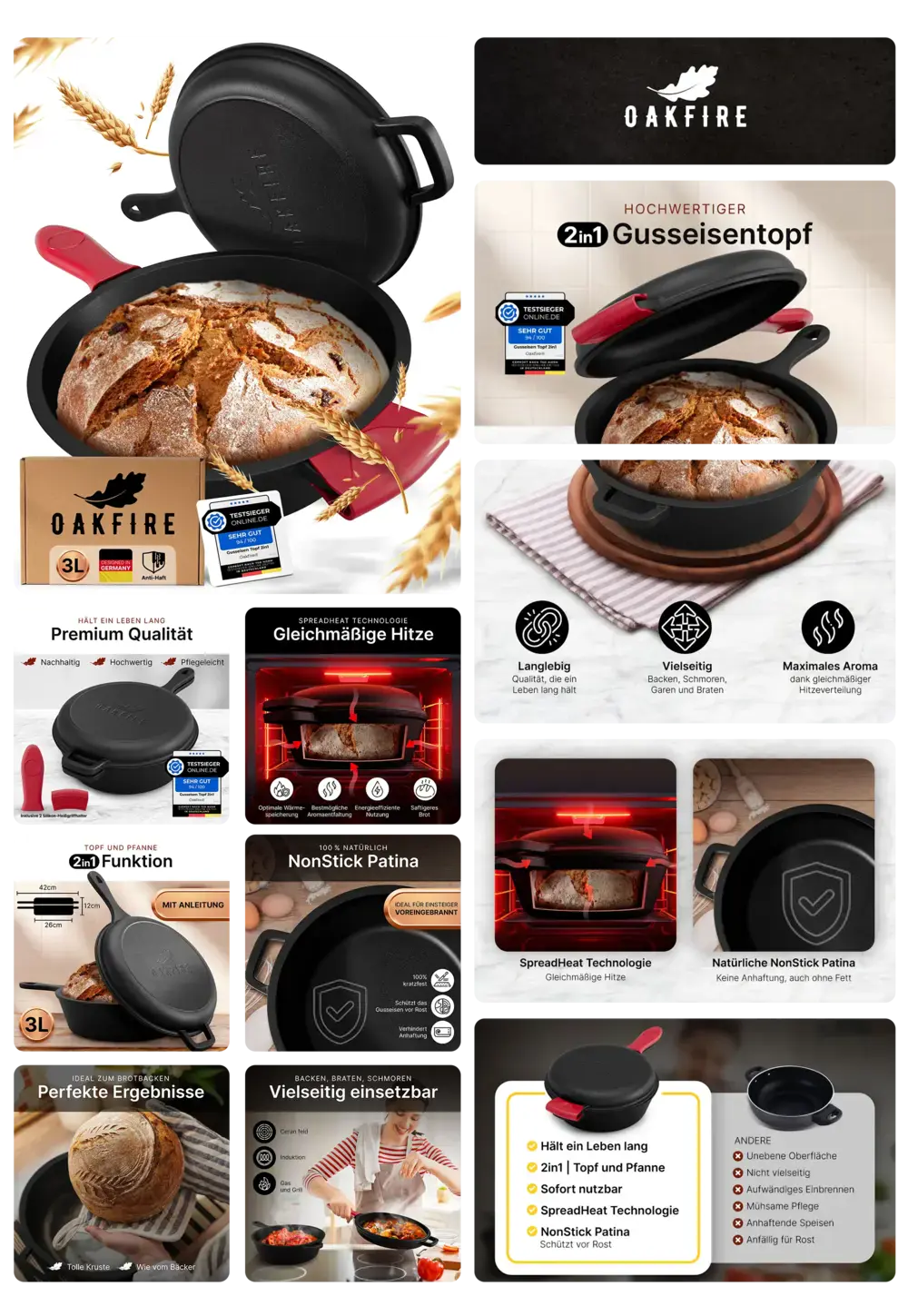Hochwertiger Oakfire Gusseisen Topf mit Deckel und roten Griffen, 2-in-1 Funktion als Topf und Pfanne, ideal zum Backen, Braten und Schmoren, mit natürlicher Antihaft-Patina.