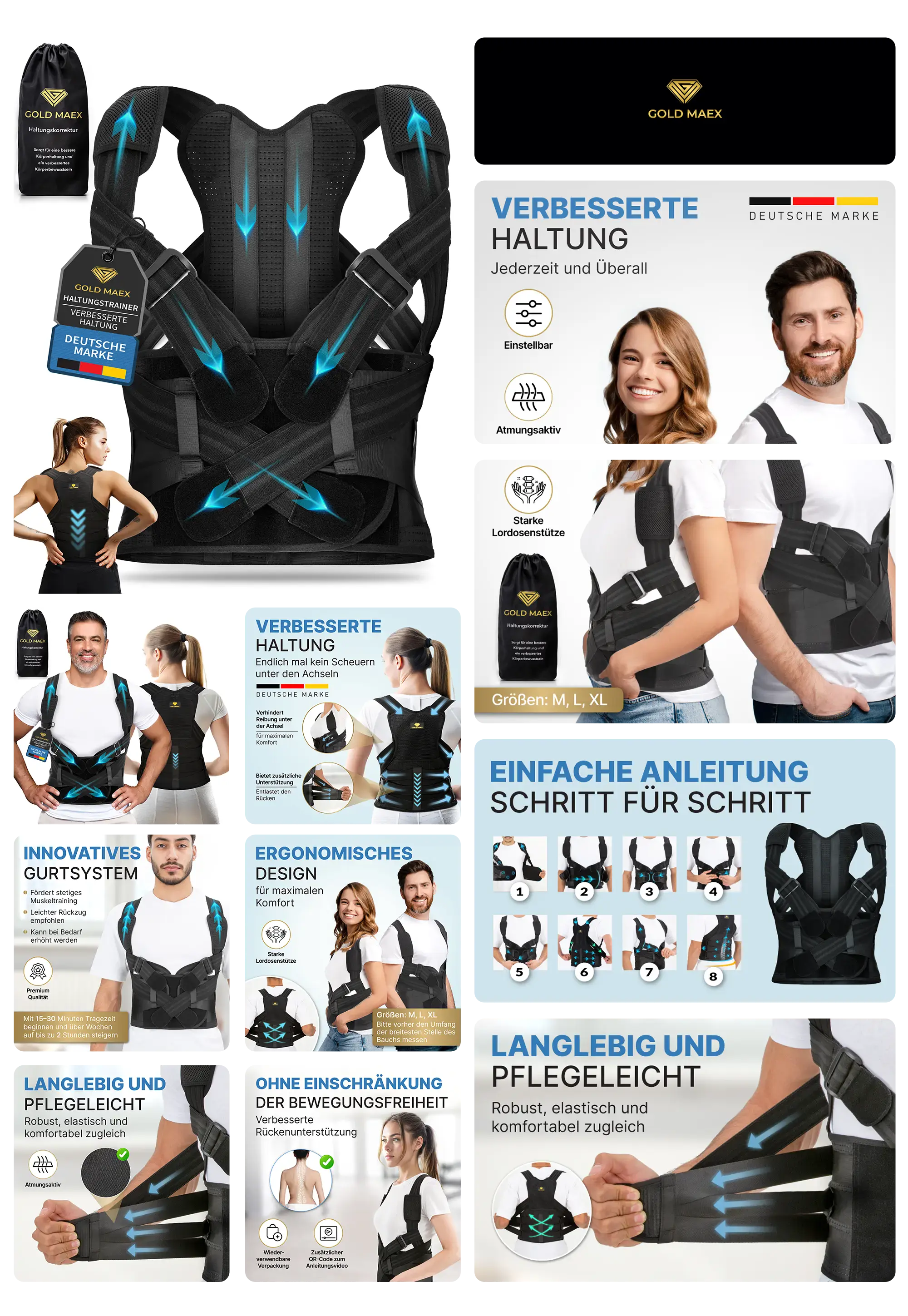Schwarzer Gold Maex Haltungstrainer für verbesserte Körperhaltung, mit einstellbaren Gurten, atmungsaktiv, ergonomisch geformt und rückenunterstützend, geeignet für Männer und Frauen.