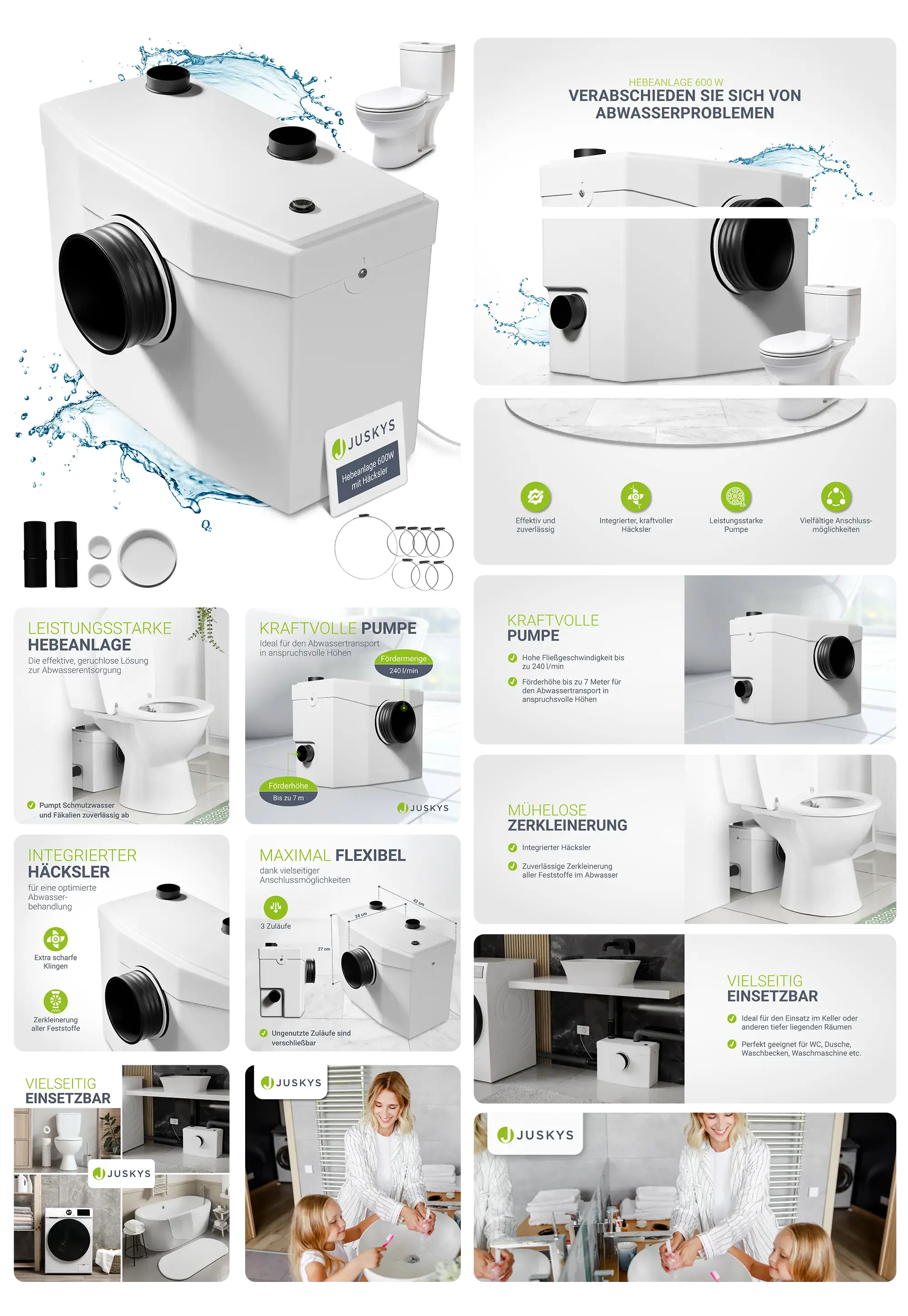 Weiße Juskys Hebeanlage mit integriertem Häcksler und leistungsstarker Pumpe, ideal für die Abwasserentsorgung von WC, Dusche und Waschbecken in Räumen ohne Gefälle.