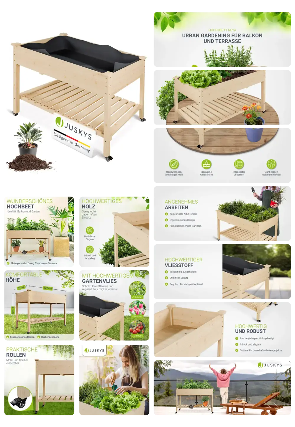 Hochwertiges Juskys Hochbeet "Freya" aus hellem Holz mit integriertem Pflanzsack und Ablagefläche, auf Rollen, ideal für Urban Gardening auf Balkon, Terrasse oder im Garten.