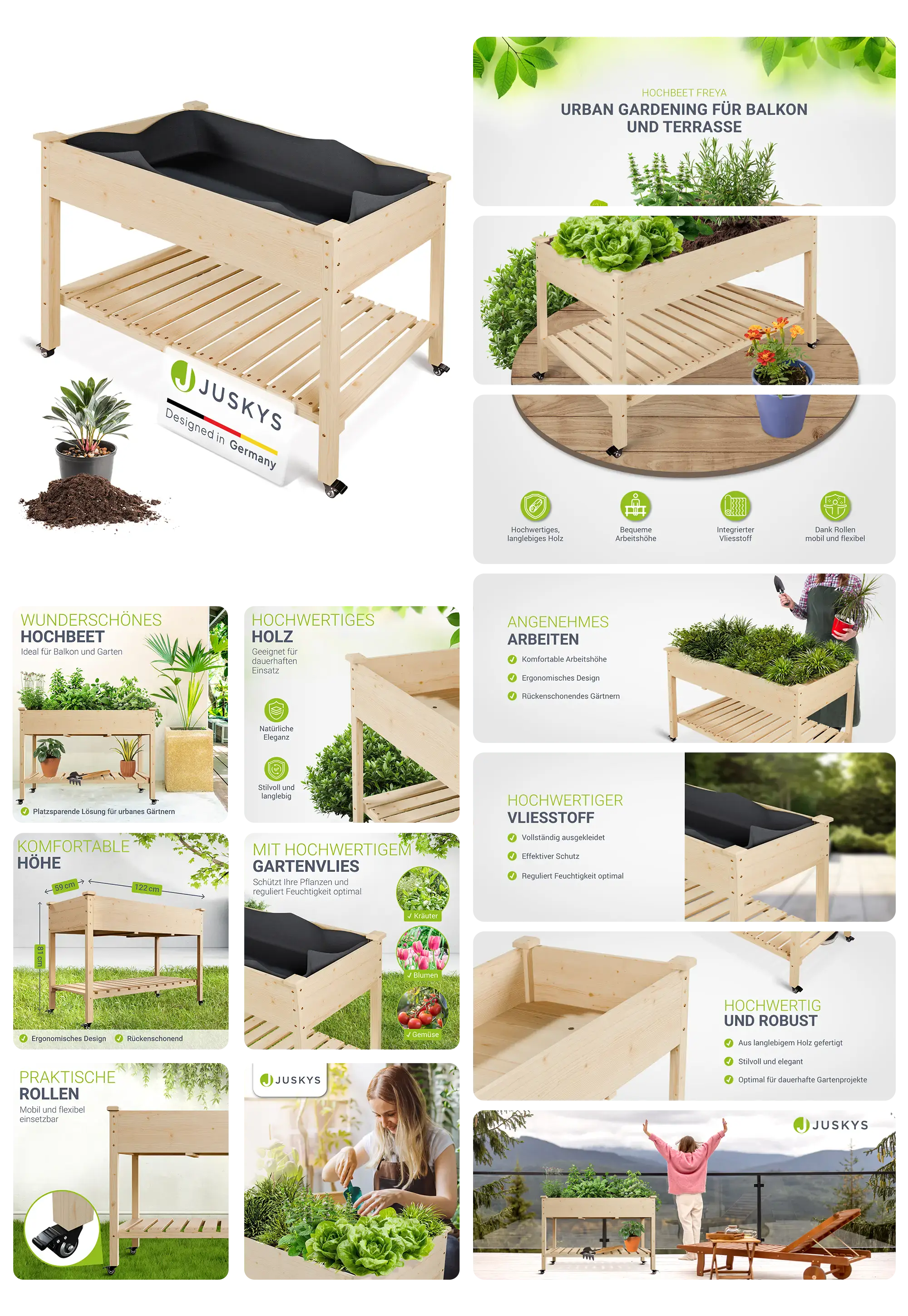 Hochwertiges Juskys Hochbeet "Freya" aus hellem Holz mit integriertem Pflanzsack und Ablagefläche, auf Rollen, ideal für Urban Gardening auf Balkon, Terrasse oder im Garten.