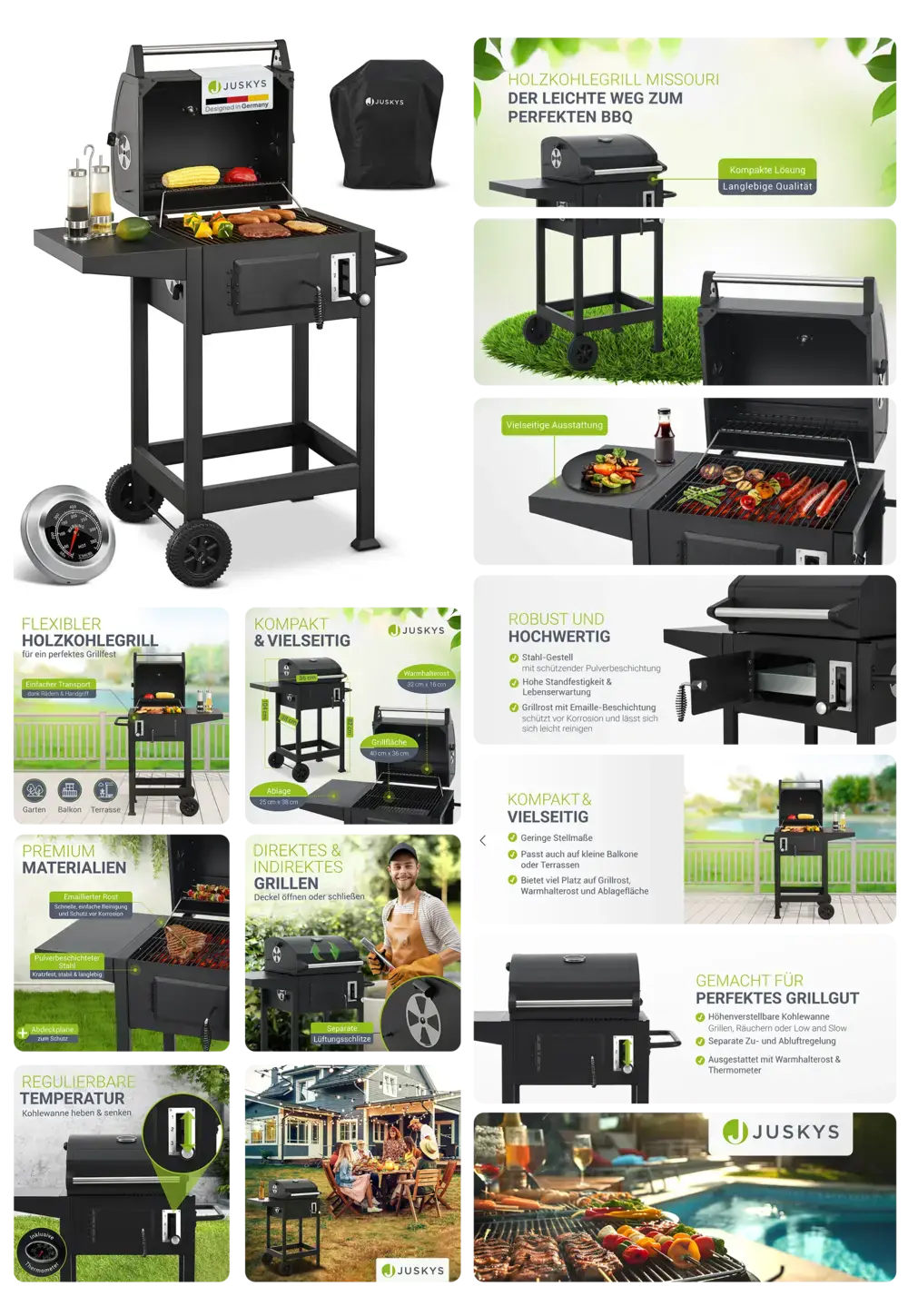 Schwarzer Juskys Holzkohlegrill "Missouri" mit Rollen, integriertem Thermometer, Seitenablage und Aschefang, ideal für direktes und indirektes Grillen im Garten oder auf der Terrasse.