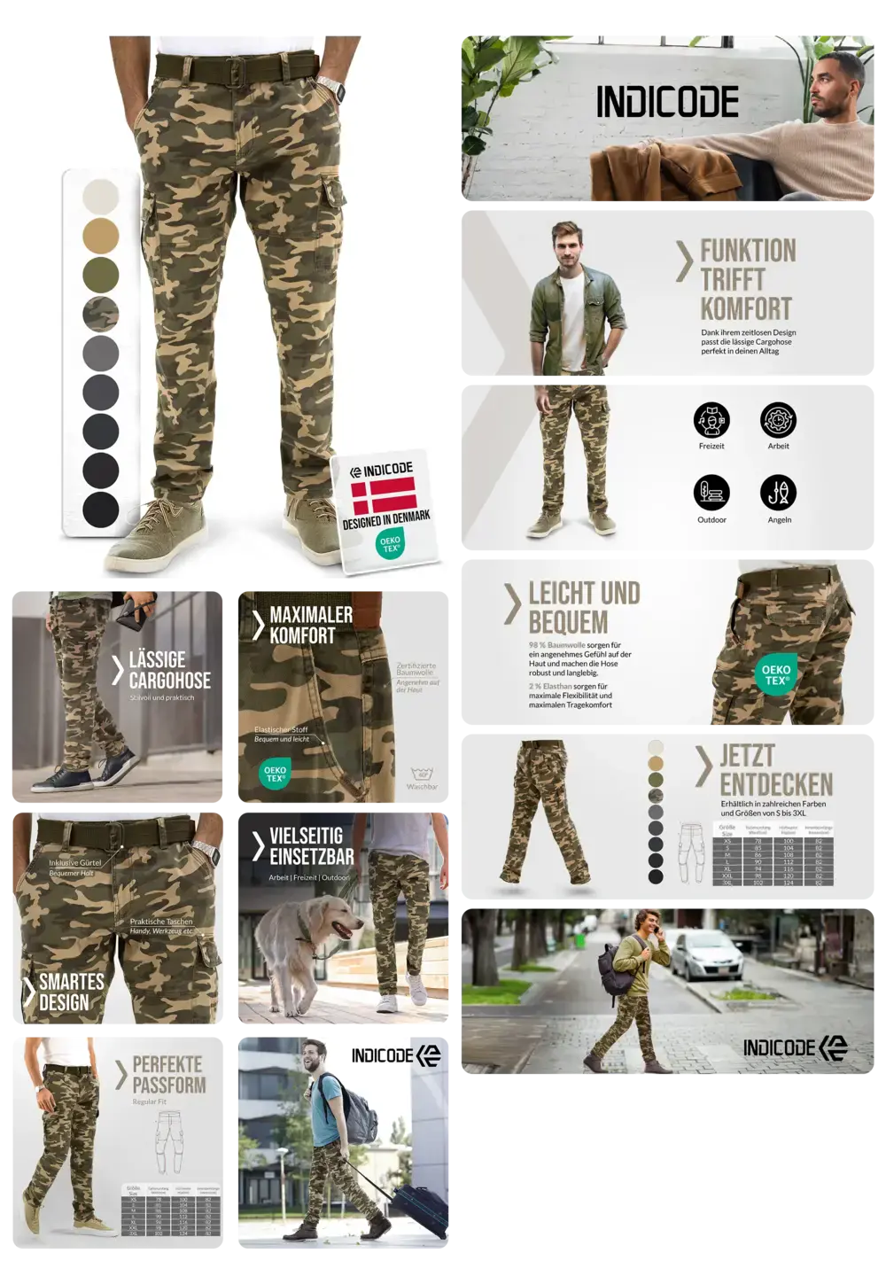 Modische Herren Cargohose "Dired-Tarnung" von Indicode in Camouflage-Muster, OEKO-TEX zertifiziert, mit praktischen Seitentaschen, designed für Komfort und Vielseitigkeit im Alltag und Outdoor.