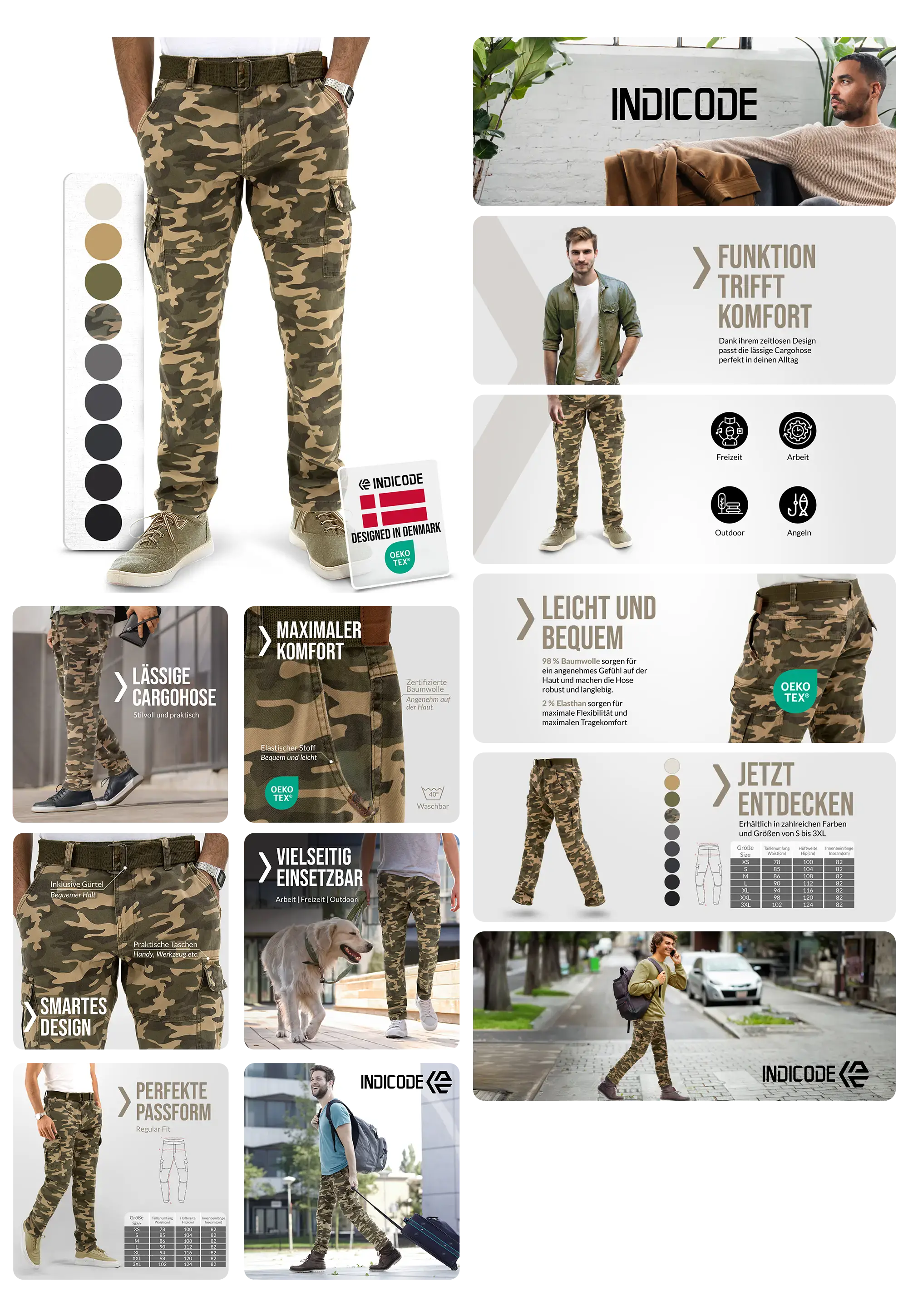 Modische Herren Cargohose "Dired-Tarnung" von Indicode in Camouflage-Muster, OEKO-TEX zertifiziert, mit praktischen Seitentaschen, designed für Komfort und Vielseitigkeit im Alltag und Outdoor.