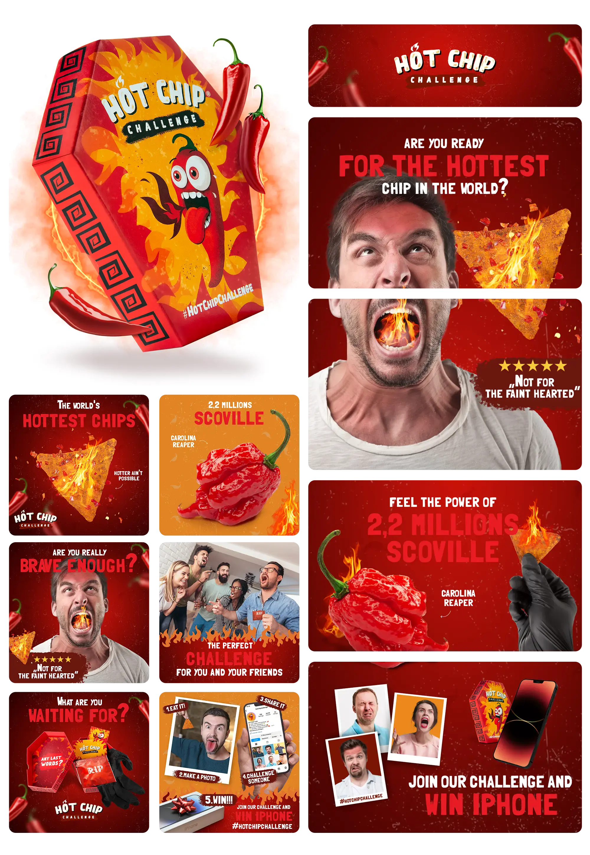 Packung der "Hot Chip Challenge" mit Carolina Reaper Chilli und feurigen Chips, präsentiert als extrem scharfer Snack für eine Mutprobe und Genuss-Herausforderung.
