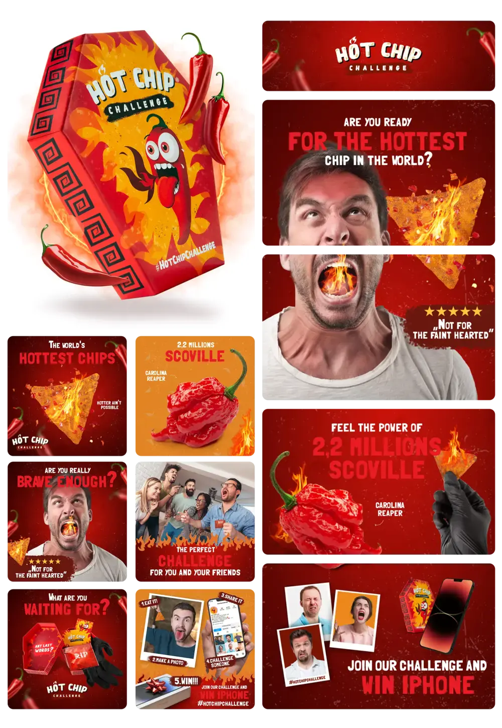 Packung der "Hot Chip Challenge" mit Carolina Reaper Chilli und feurigen Chips, präsentiert als extrem scharfer Snack für eine Mutprobe und Genuss-Herausforderung.