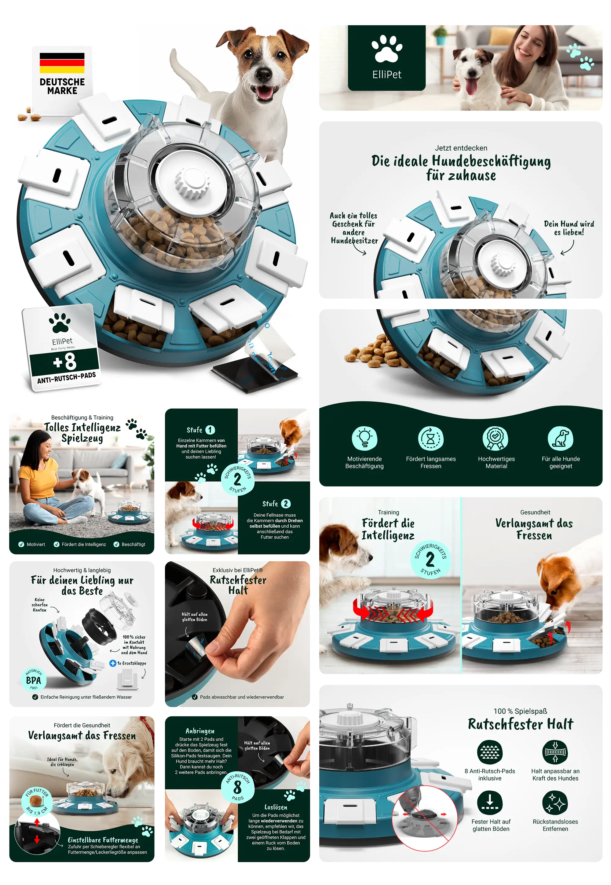 Blau-weißes ElliPet Hunde Intelligenzspielzeug zur langsamen Futterabgabe und mentalen Beschäftigung, mit 8 rutschfesten Pads, geeignet für alle Hunderassen und -größen.