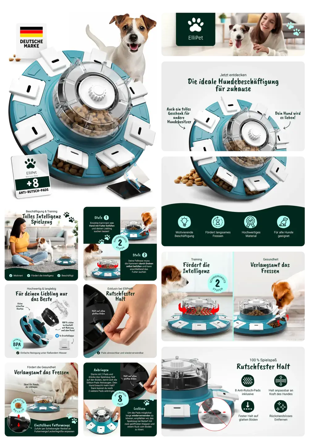 Blau-weißes ElliPet Hunde Intelligenzspielzeug zur langsamen Futterabgabe und mentalen Beschäftigung, mit 8 rutschfesten Pads, geeignet für alle Hunderassen und -größen.
