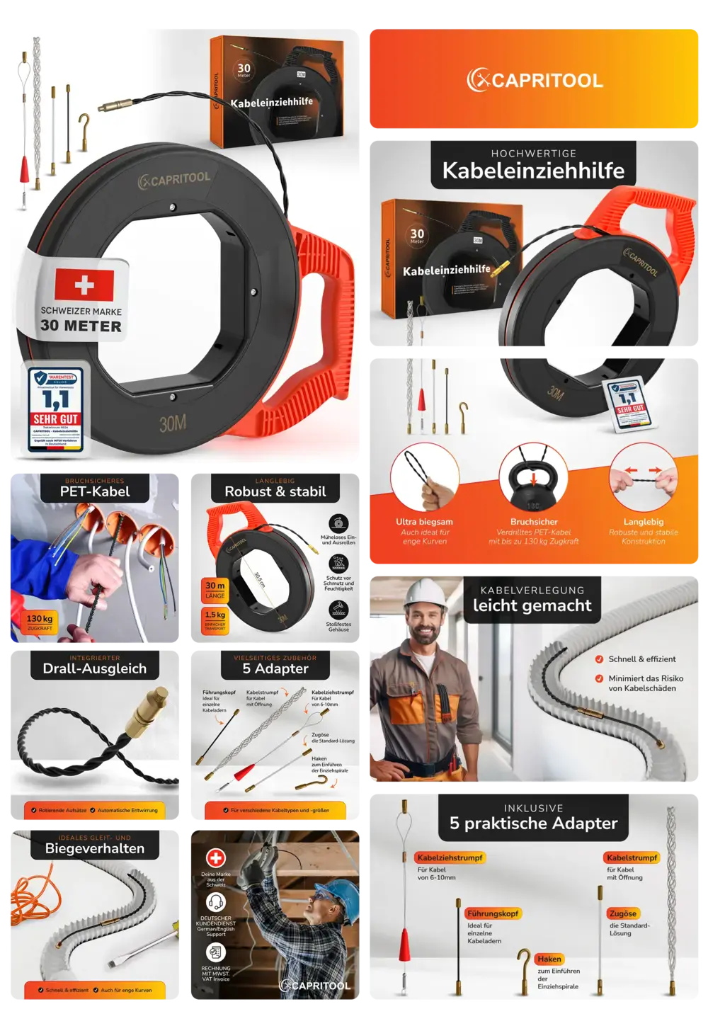 Schwarze und rote Capritool Kabeleinziehhilfe, 30 Meter Länge, robustes PET-Kabel, bruchsicher, mit 5 Adaptern, ideal für die professionelle und einfache Kabelverlegung.