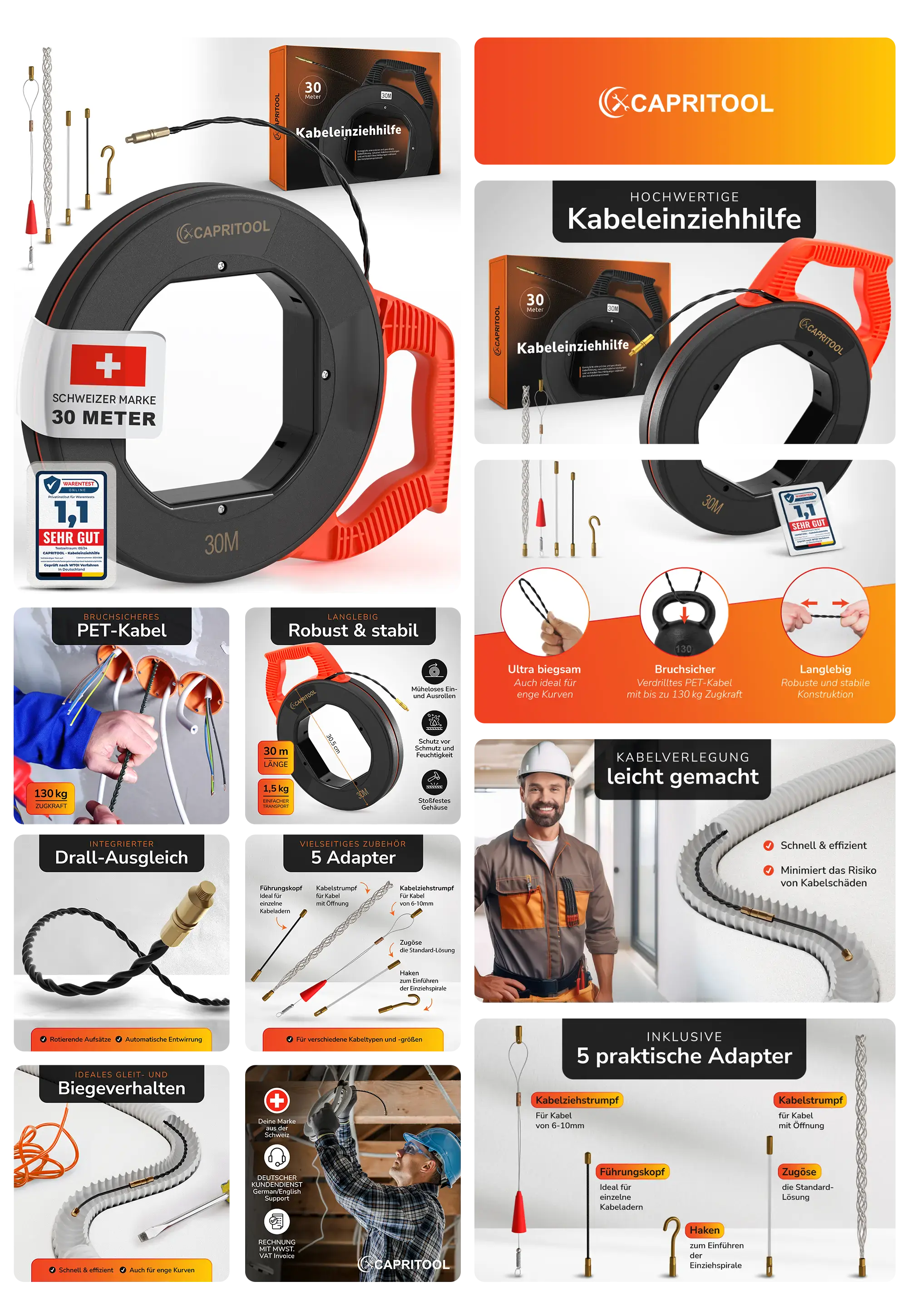 Schwarze und rote Capritool Kabeleinziehhilfe, 30 Meter Länge, robustes PET-Kabel, bruchsicher, mit 5 Adaptern, ideal für die professionelle und einfache Kabelverlegung.