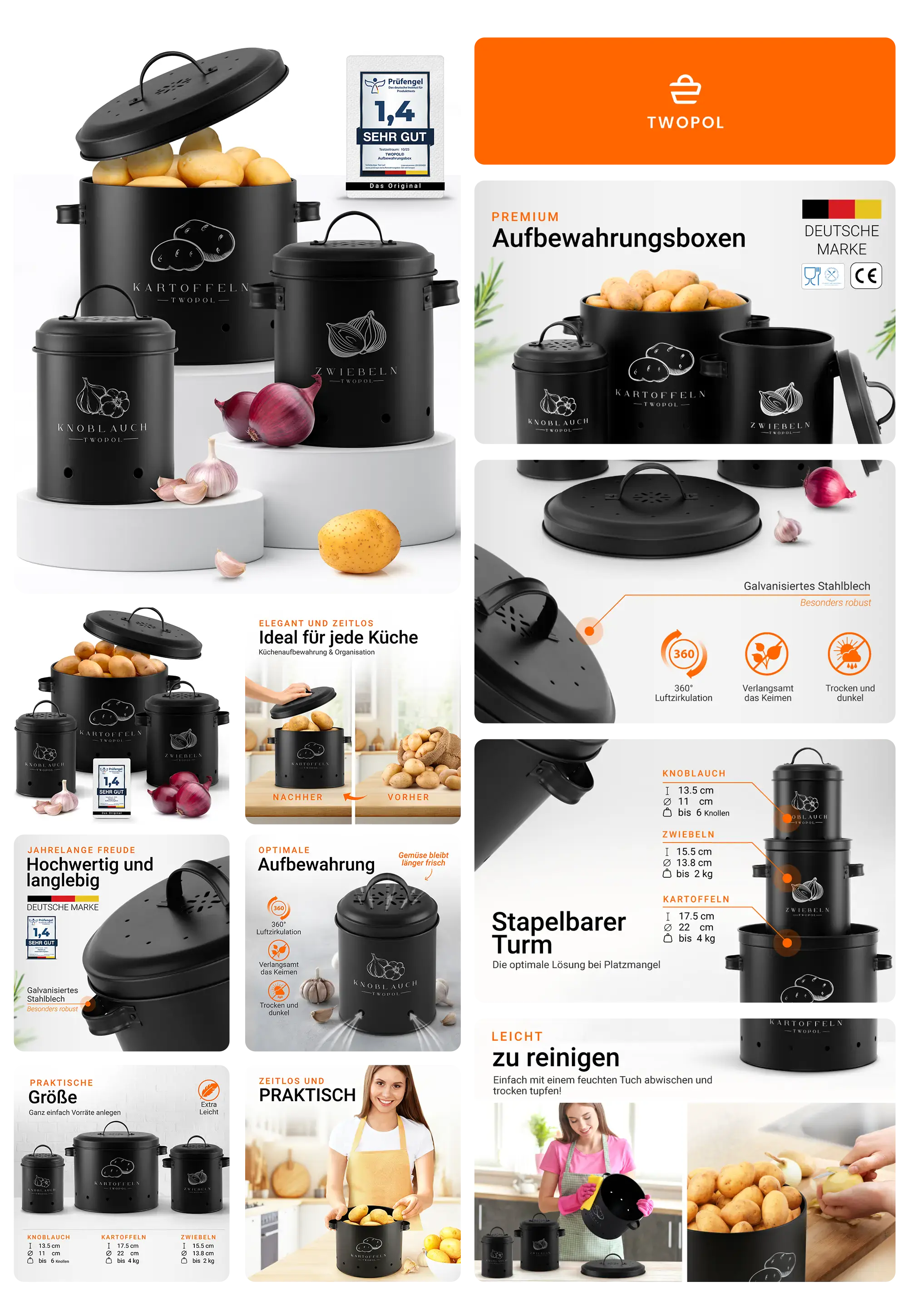 Schwarzes Twopol Kartoffel-Aufbewahrungsbox-Set aus Metall mit belüfteten Deckeln, inklusive passender Boxen für Zwiebeln und Knoblauch, ideal für die frische und dunkle Lagerung in der Küche.