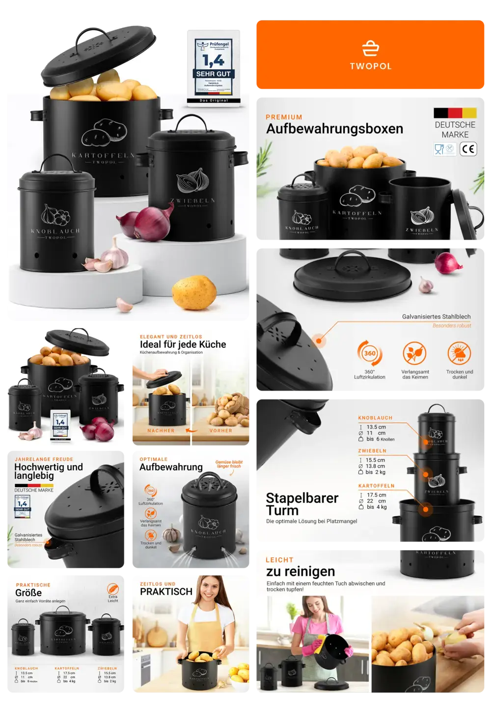 Schwarzes Twopol Kartoffel-Aufbewahrungsbox-Set aus Metall mit belüfteten Deckeln, inklusive passender Boxen für Zwiebeln und Knoblauch, ideal für die frische und dunkle Lagerung in der Küche.