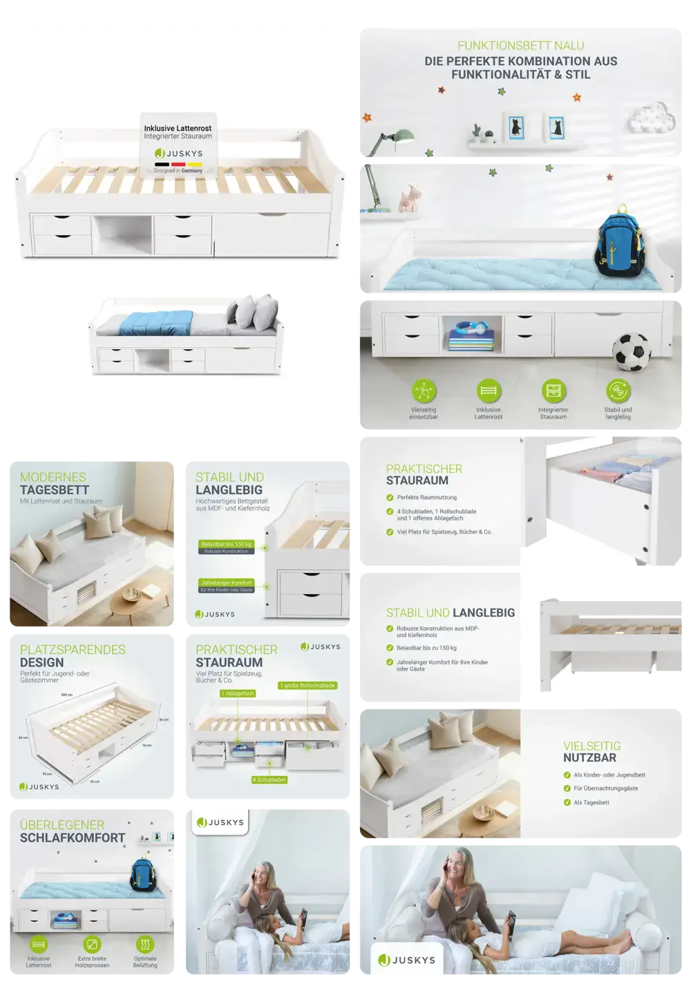 Modernes weißes Juskys Kinderbett mit integrierten Schubladen für Stauraum, inklusive Lattenrost, stabil und langlebig, ideal für Kinder- und Jugendzimmer.