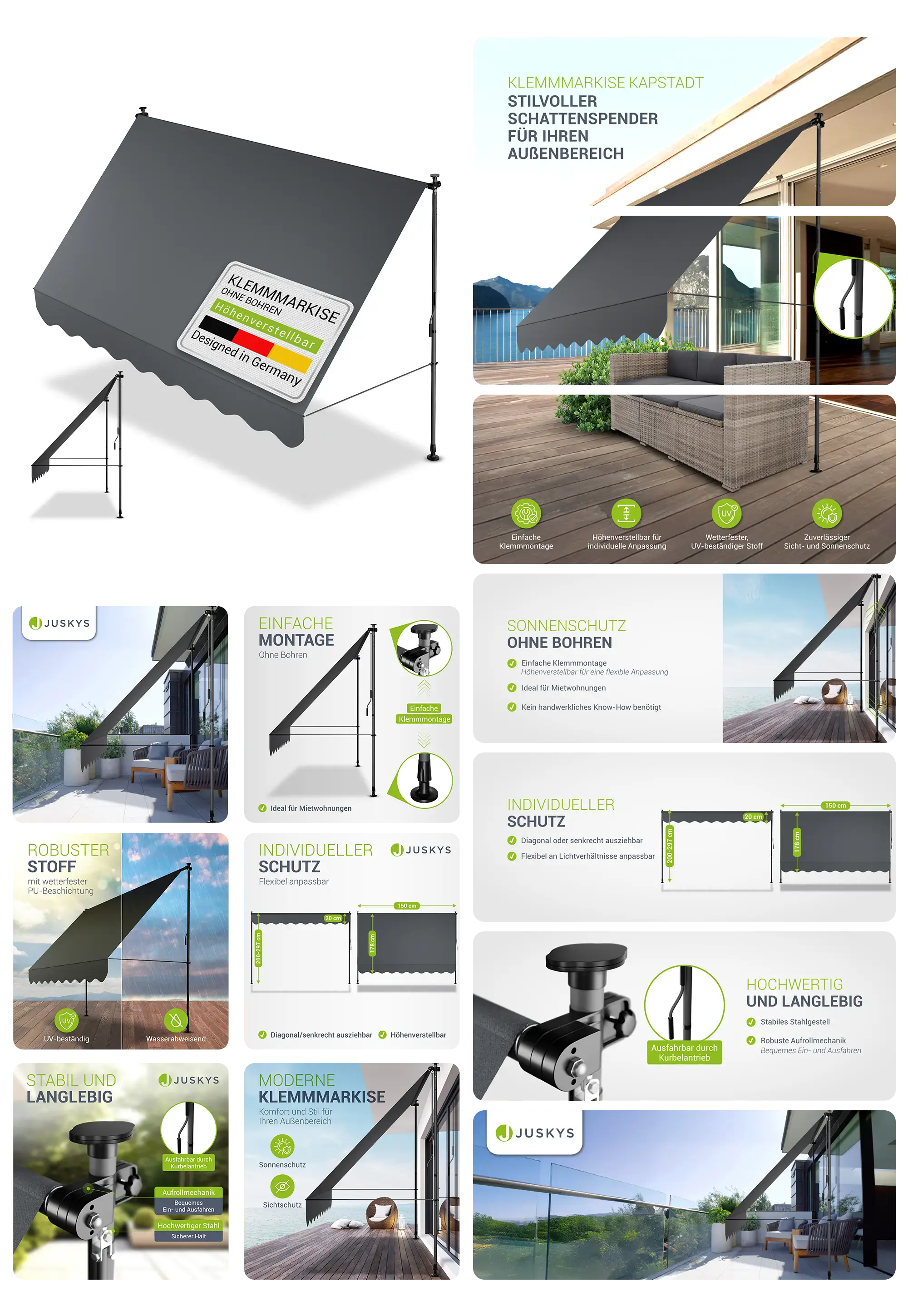 Graue Klemmmarkise von Juskys für Balkon und Terrasse, bohrfreie Montage, UV-beständig, wasserabweisend und höhenverstellbar, ideal als Sonnenschutz und Sichtschutz.
