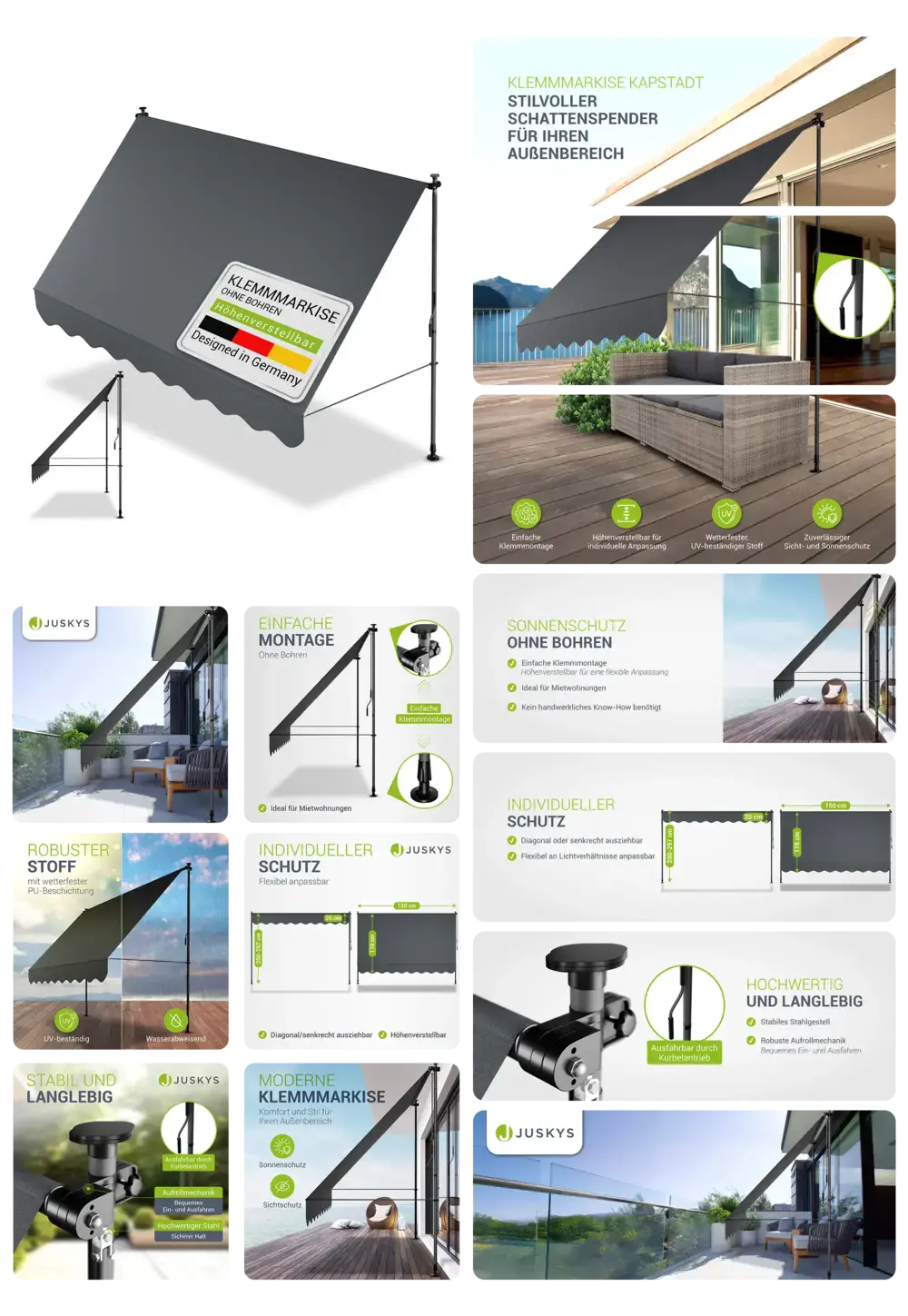 Graue Klemmmarkise von Juskys für Balkon und Terrasse, bohrfreie Montage, UV-beständig, wasserabweisend und höhenverstellbar, ideal als Sonnenschutz und Sichtschutz.
