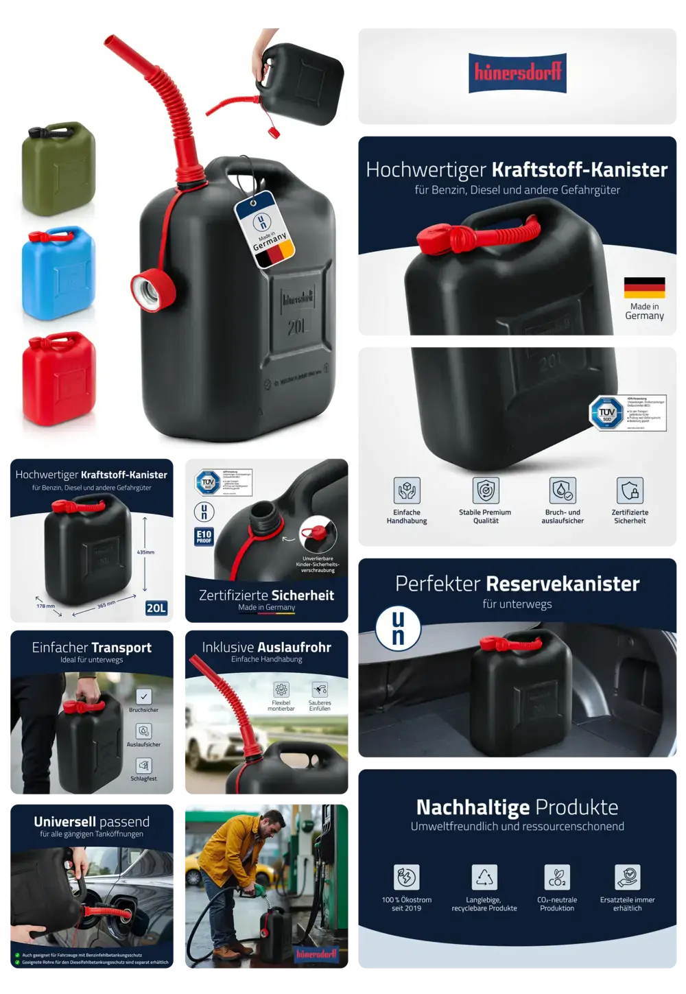 Hochwertiger 20-Liter-Kraftstoffkanister von Hünersdorff in Schwarz mit rotem flexiblem Auslaufrohr, TÜV-zertifiziert, bruchsicher und auslaufsicher, ideal für Benzin, Diesel und andere Gefahrgüter.