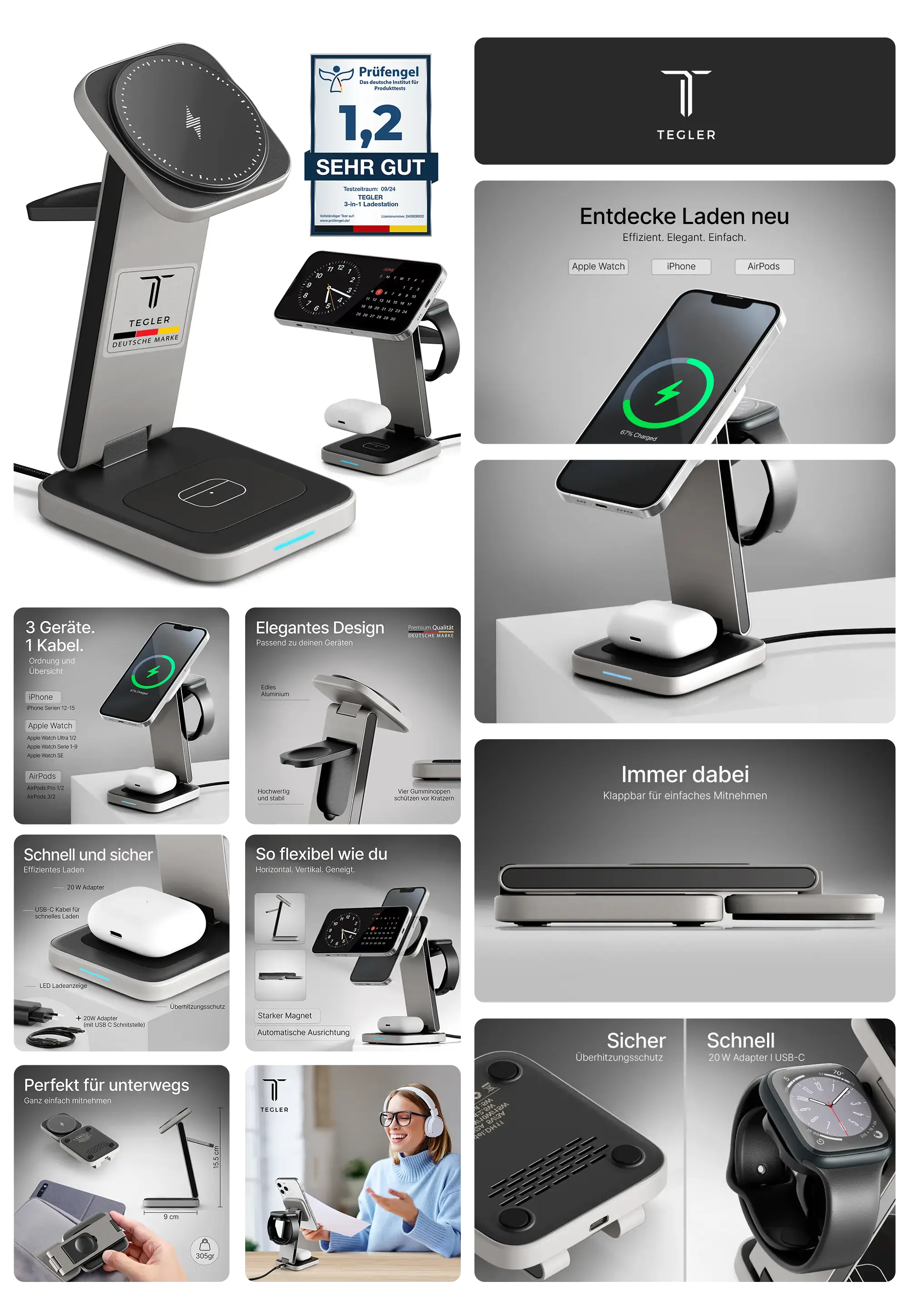 Elegante, silberne Tecgler 3-in-1 Ladestation für iPhone, Apple Watch und AirPods, kabellos, schnellladend, klappbar und magnetisch, ideal für unterwegs und Schreibtisch.