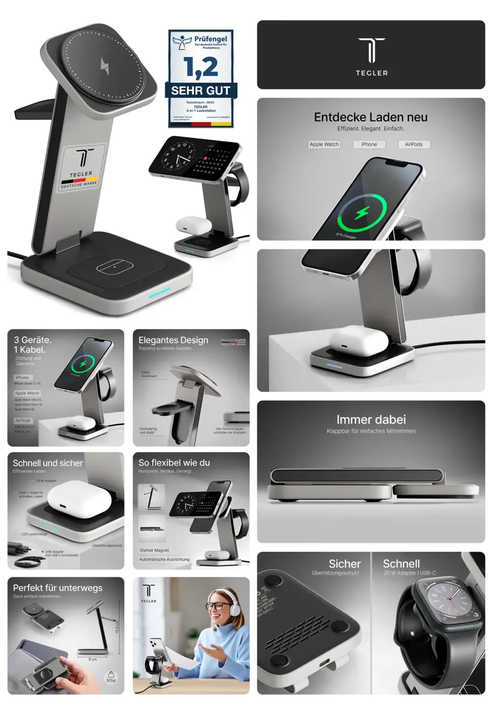 Elegante, silberne Tecgler 3-in-1 Ladestation für iPhone, Apple Watch und AirPods, kabellos, schnellladend, klappbar und magnetisch, ideal für unterwegs und Schreibtisch.