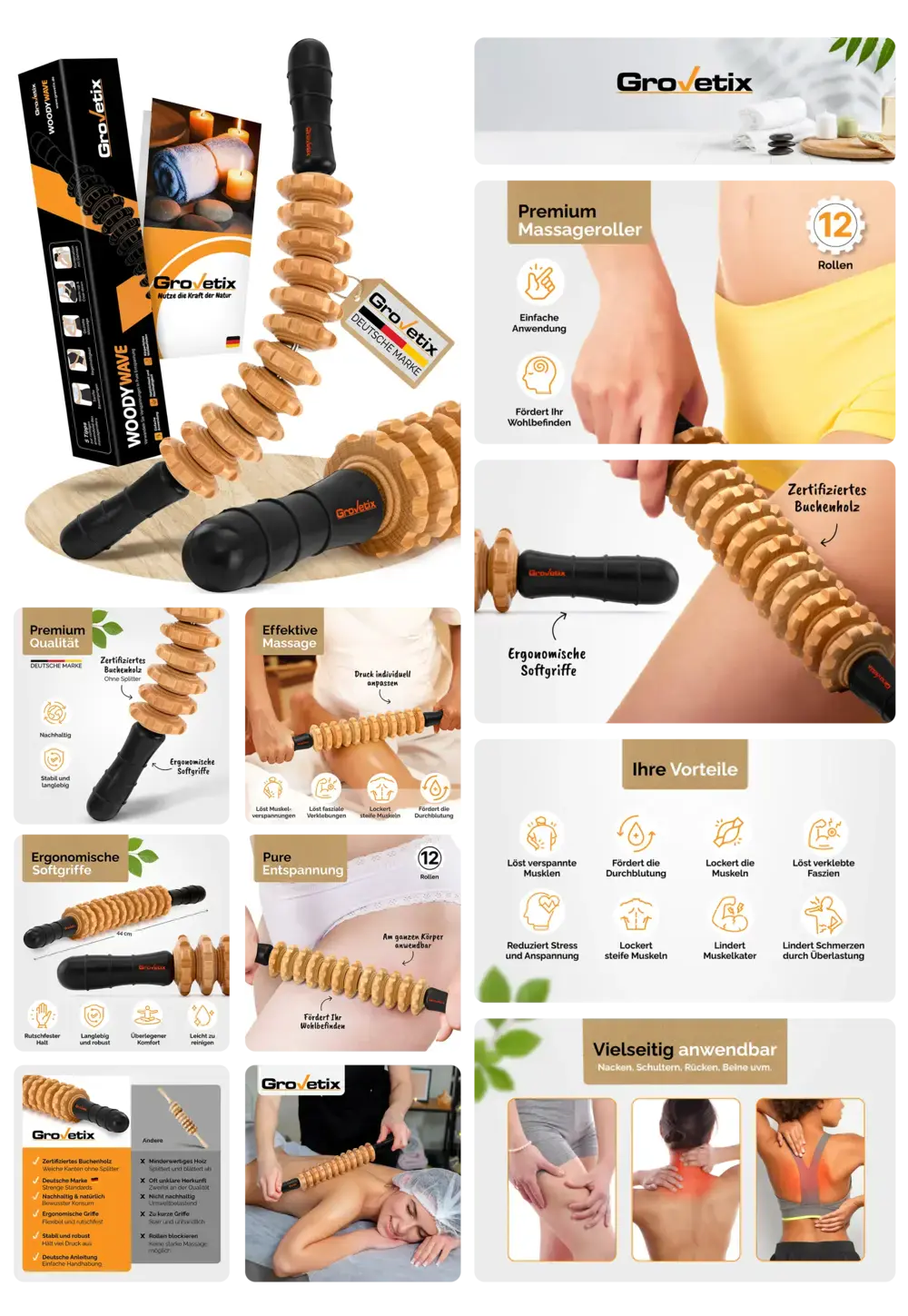 Grovetix Woodywave Massagerolle aus zertifiziertem Buchenholz mit ergonomischen Griffen zur Tiefenmassage und Entspannung.