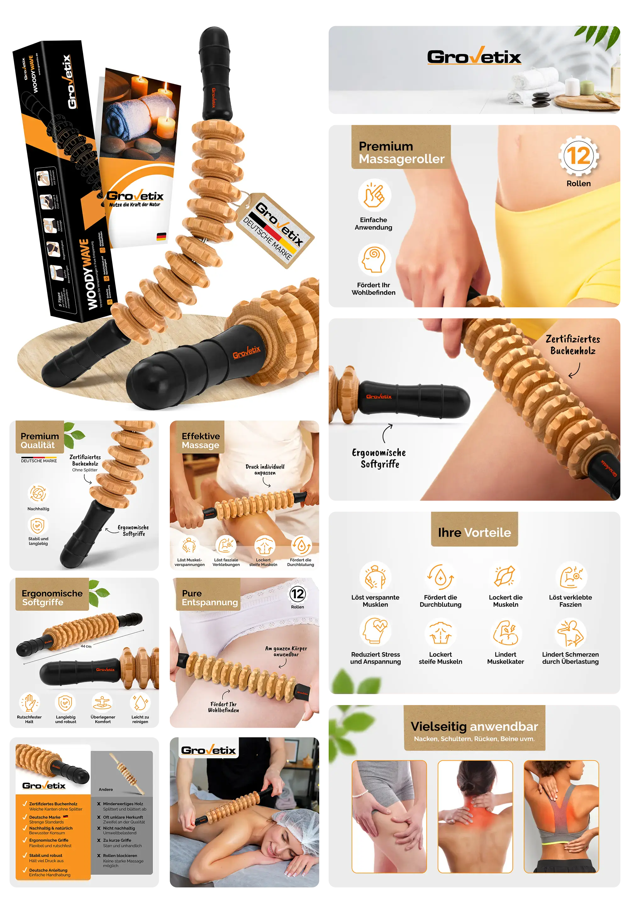 Grovetix Woodywave Massagerolle aus zertifiziertem Buchenholz mit ergonomischen Griffen zur Tiefenmassage und Entspannung.