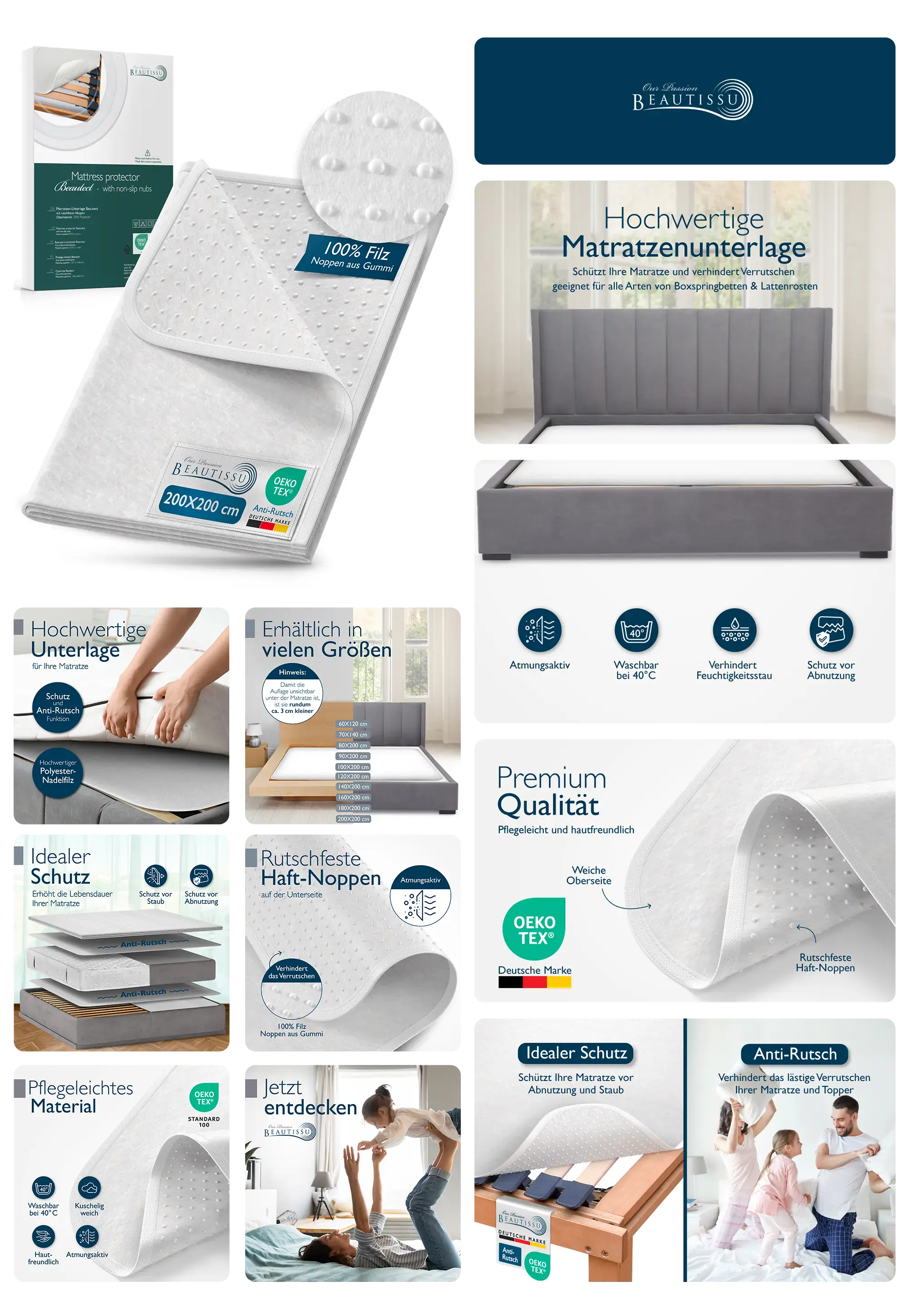 Beautissu Matratzenunterlage aus 100% Filz mit Anti-Rutsch-Noppen, atmungsaktiv und waschbar für optimalen Matratzenschutz.