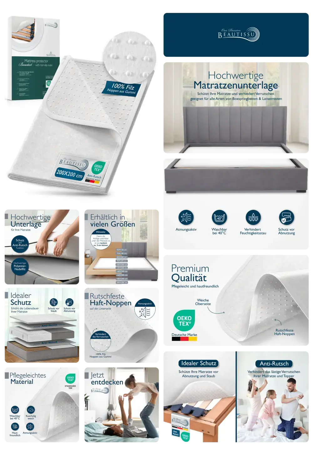 Beautissu Matratzenunterlage aus 100% Filz mit Anti-Rutsch-Noppen, atmungsaktiv und waschbar für optimalen Matratzenschutz.