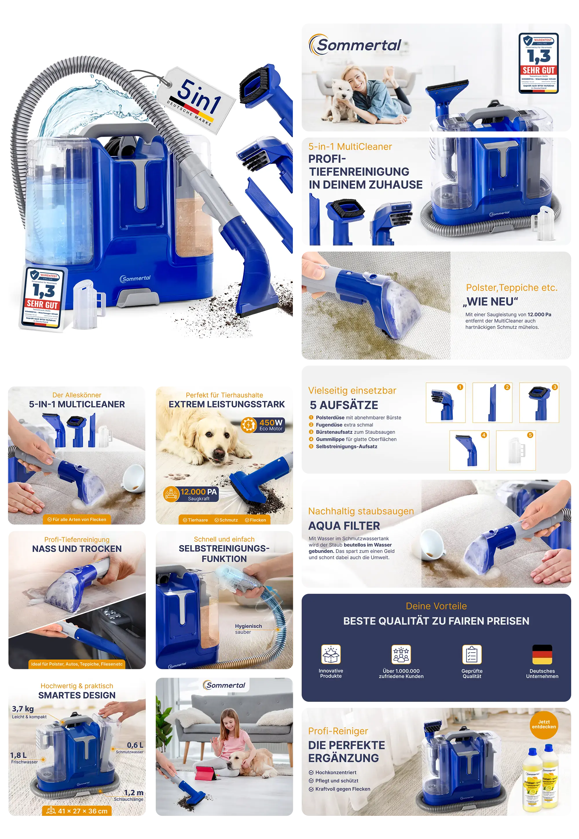 Sommertal 5-in-1 MultiCleaner, ein kompakter Mini-Waschsauger mit Aqua-Filter für Tiefenreinigung von Polstern, Teppichen und Tierhaaren.