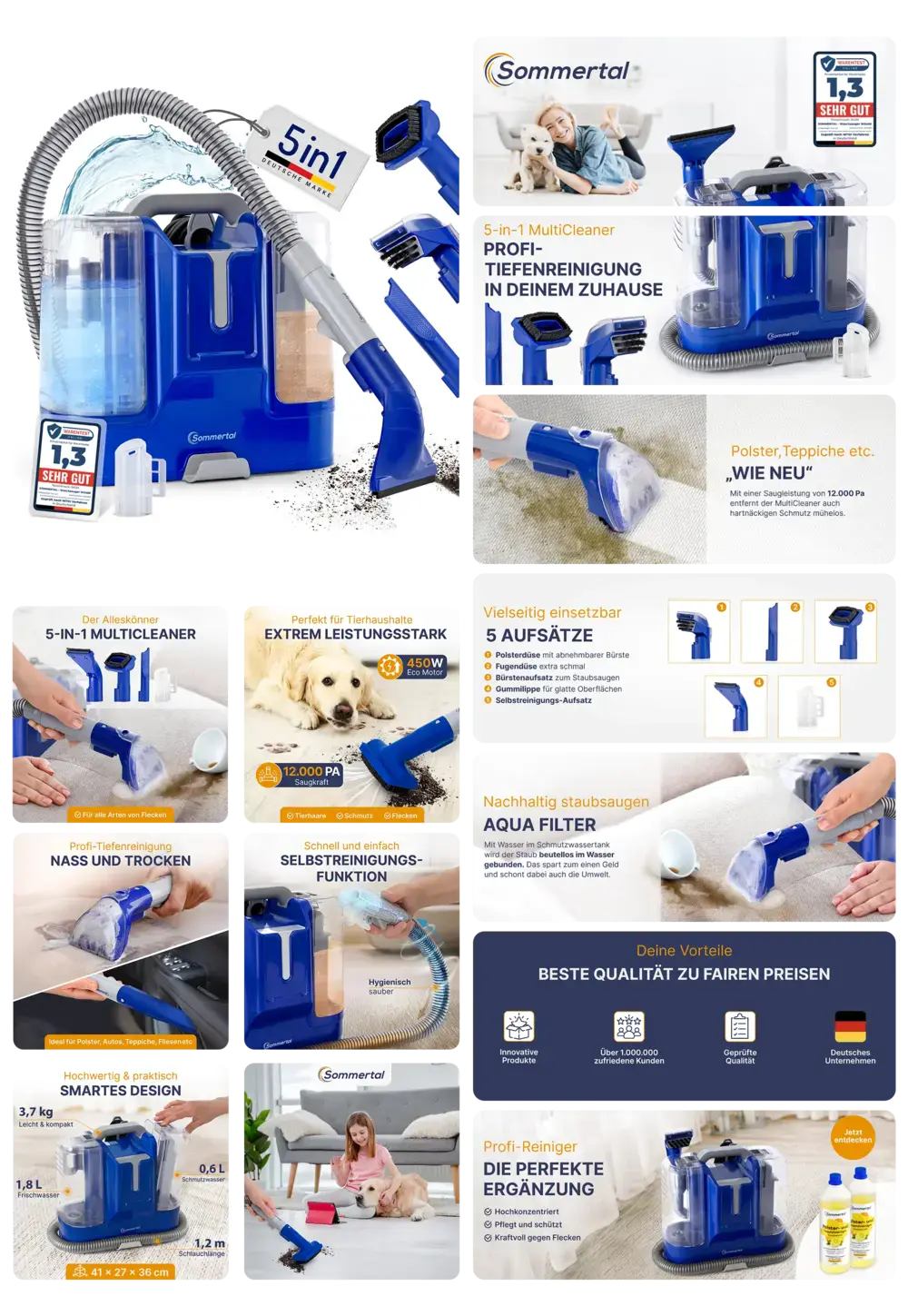 Sommertal 5-in-1 MultiCleaner, ein kompakter Mini-Waschsauger mit Aqua-Filter für Tiefenreinigung von Polstern, Teppichen und Tierhaaren.